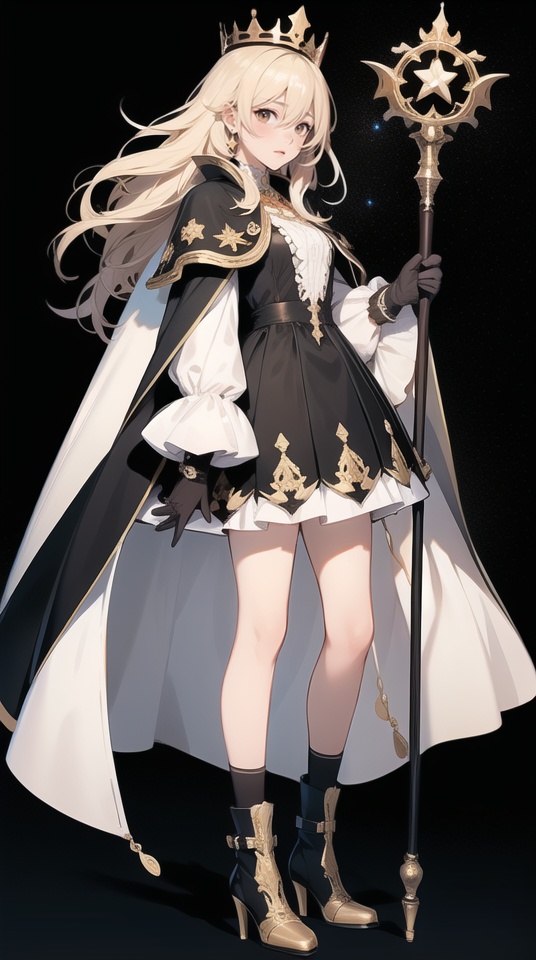 (best quality), ((masterpiece)), (highres), illustration, original, extremely detailed,ooo, 1girl, solo, long hair, holding, holding staff, staff, socks, full body, looking at viewer, dress, gloves, black dress, black gloves, boots, star \(symbol\), white socks, black background, closed mouth, long sleeves, cape, standing, bangs, kneehighs, hair between eyes, blonde hair, crown, very long hair, high heels, puffy sleeves, white cape, simple background, white hair, brown eyes, sparkle