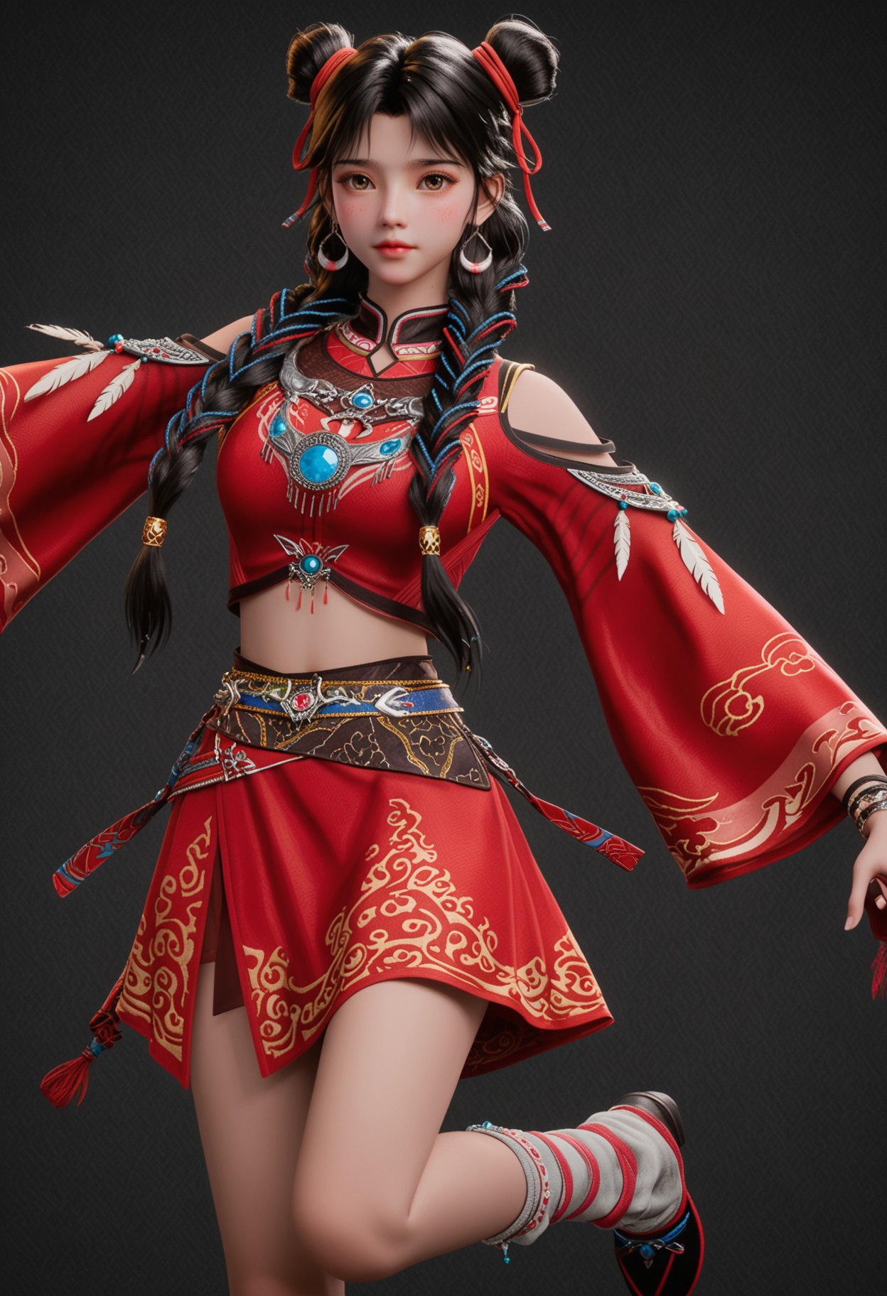 (standing full_body:1.1),score_9,score_8_up,masterpiece,(best quality),intricate details,facing viewer,(looking at viewer:1.1),<lora:YQ_pony_bailuoheng_V4:0.8>,q1528437228,solo,1girl,jewelry,black hair,long hair,earrings,hair bun,braid,ribbon,hair ribbon,twin braids,double bun,brown eyes,chinese clothes,multiple braids,bracelet,crop top,skirt,multicolored hair,feathers,dress,red ribbon,red skirt,single hair bun,red dress,hair over shoulder,leg warmers,socks,shirt,brown hair,red shirt,necklace,freckles,shoes,long sleeves,detached sleeves,hair ornament,china dress,black eyes,multi-tied hair,wide sleeves,ribbon braid,black footwear,BREAKscore_9,score_8_up,masterpiece,(best quality),perfect anatomy,(hourglass),perfect face,(simple background,pure black background,black background:1.1),fair_skin,shiny_skin,Ivory_skin,