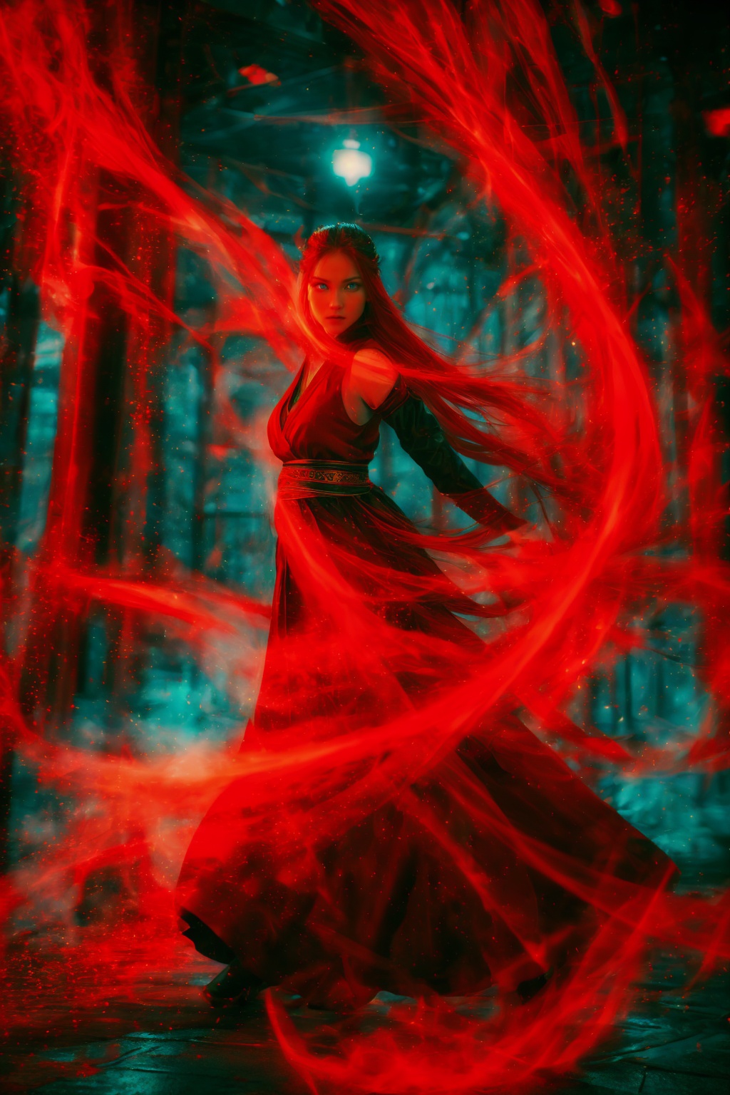 dancing,fighting stance,red-aura,using red-magic,red-magic,1girl,solo,long hair,blue eyes,common face,full body,<lora:magic_fighting_red_512_dreamshaper_8:0.8>,