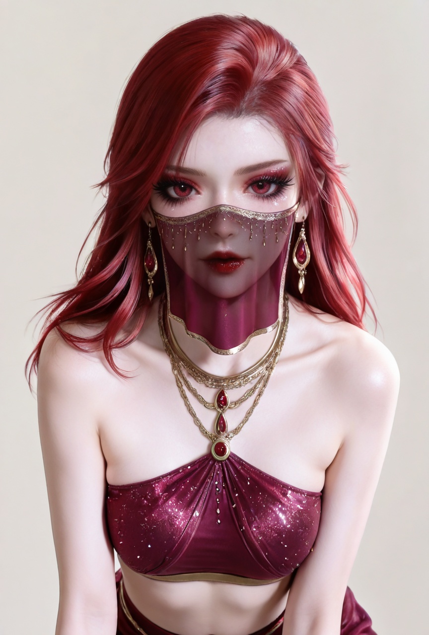 masterpiece,high quality,tall,game cg,highres,(soft light:1.2),white_skin,(shiny_skin:0.6),(realistic:1.1),<lora:马小桃·衣服百搭款·化妆:0.8>,maxiaotao,1girl,solo,earrings,jewelry,red hair,looking at viewer,red lips,makeup,long hair,white background,red eyes,eyelashes,simple background,eyeshadow,collarbone,lipstick,bare shoulders,realistic,mascara,glitter,1girl,solo,veil,long hair,chain,mouth veil,jewelry,looking at viewer,necklace,arabian clothes,crop_top,skirt,harem outfit,25,