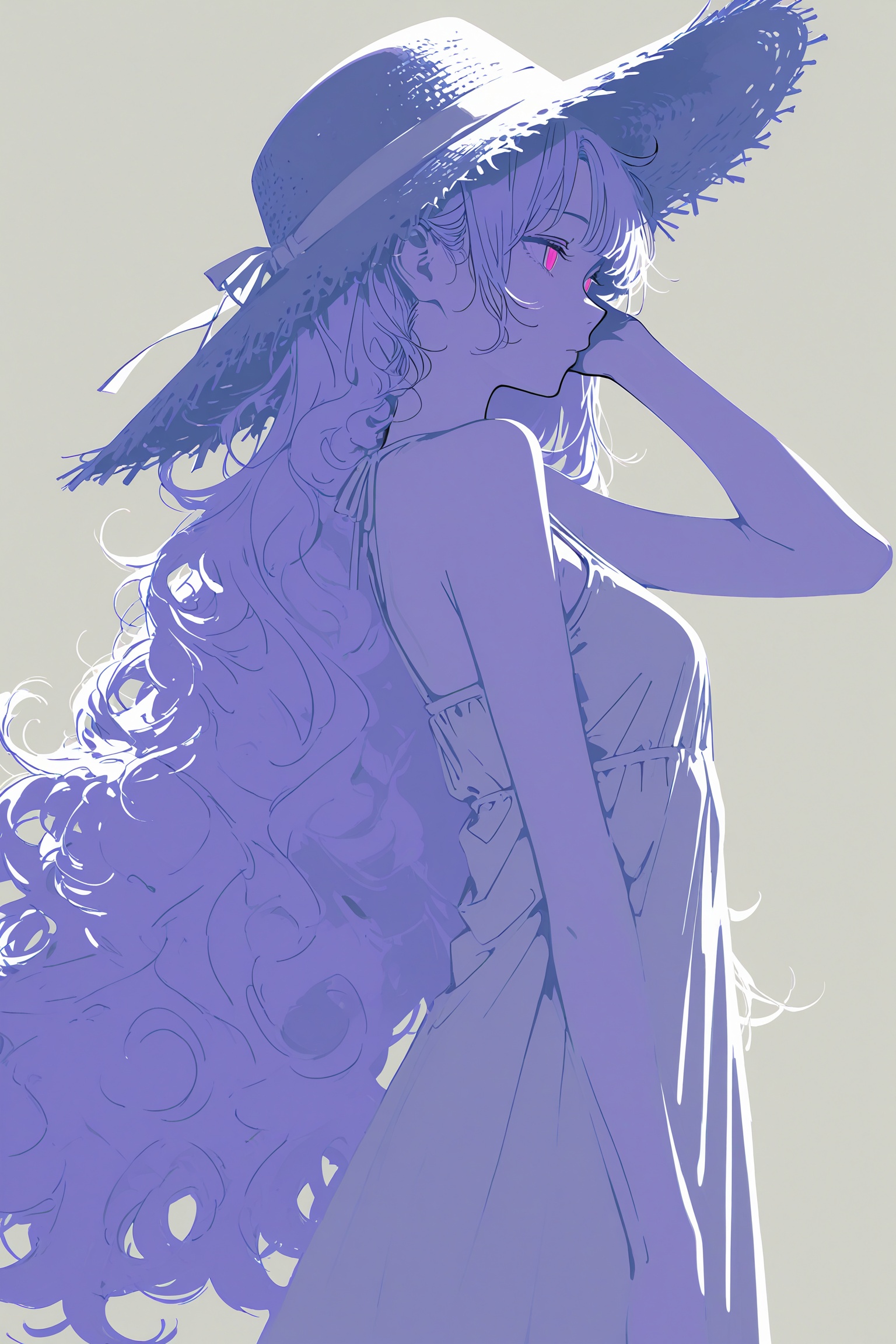 (flat colors:1.5),(anime:1.5),(lineart:1.5),1girl,from side,finishing hair,straw_hat,very long hair,fluffy hair,hand up,hair_tucking,