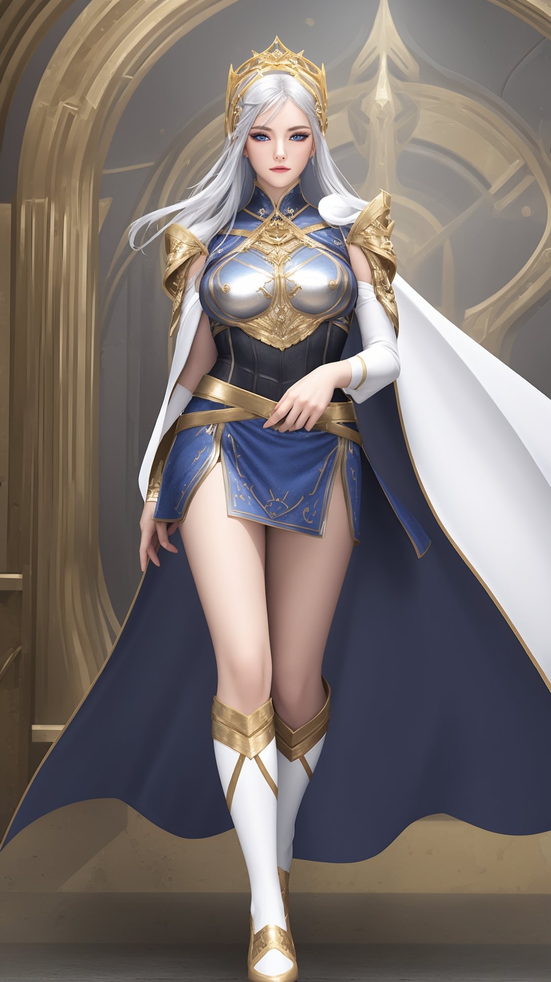 (1girl),smooth chin,masterpiece,detailed face,((hair ornament)),top quality,4k,make up,best quality,large breasts,(looking at viewer),long legs,arms behind back,mature female,full body,silver hair,detached sleeves,black and blue mixed jacket,armor,white skirt,(black cape),blue eyes,short pencil skirt,cloak,white legwear,<lora:1王者露娜启示之音_v1.0:0.8>,