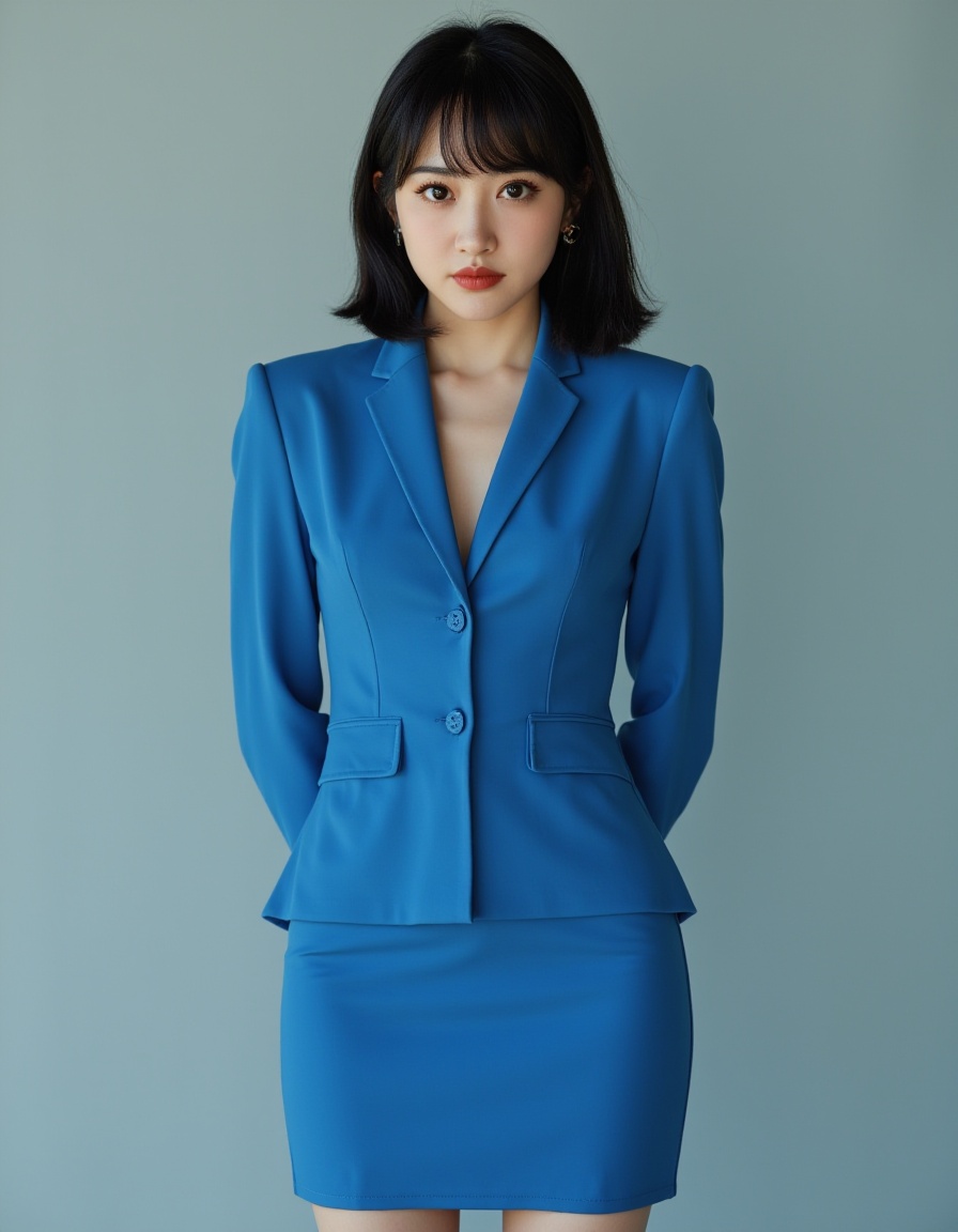 best quality, ultra high res, (photorealistic:1.4), RAW photo,(full-body shot),1japanese girl,( a woman with cat-like features, sharp almond-shaped eyes),a bob haircut,a slim body,blue-glossy tight skirt suit, professional, OL style,.