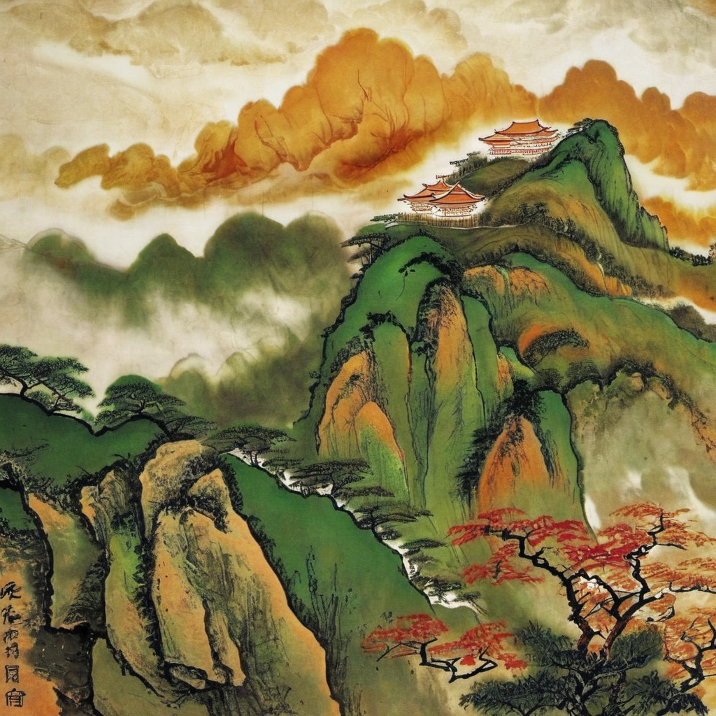 shanshui, no humans, mountain, scenery, tree, traditional media, building, nature, cloud, forest, <lora:城市风景水彩_XL:1>, masterpiece, best quality,