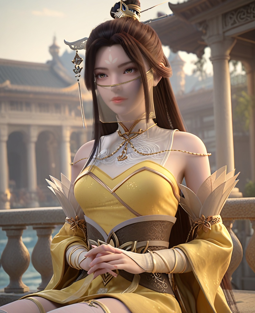 (oriental architecture, elegant decor, sophisticated style:1.1),Sitting on a bench, hands clasped in the lap, lost in deep thought and contemplation,,(breasts:1.2),<lora:XL完美世界凤舞>,miss fengwu,solo,yellow dress,chain ornament,sash,brown eyes,forehead mark,mouth veil,black hair,long hair,hanging hair,hair stick,hair bun,detached sleeves,wide sleeves,wristband,thighhighs,tassel,, zPDXL2, score_9, score_8_up, score_7_up BREAK realistic, masterpiece,best quality, highly detailed,, zPDXL3, zPDXL2,zPDXL, zPDXLxxx, zPDXLrl,