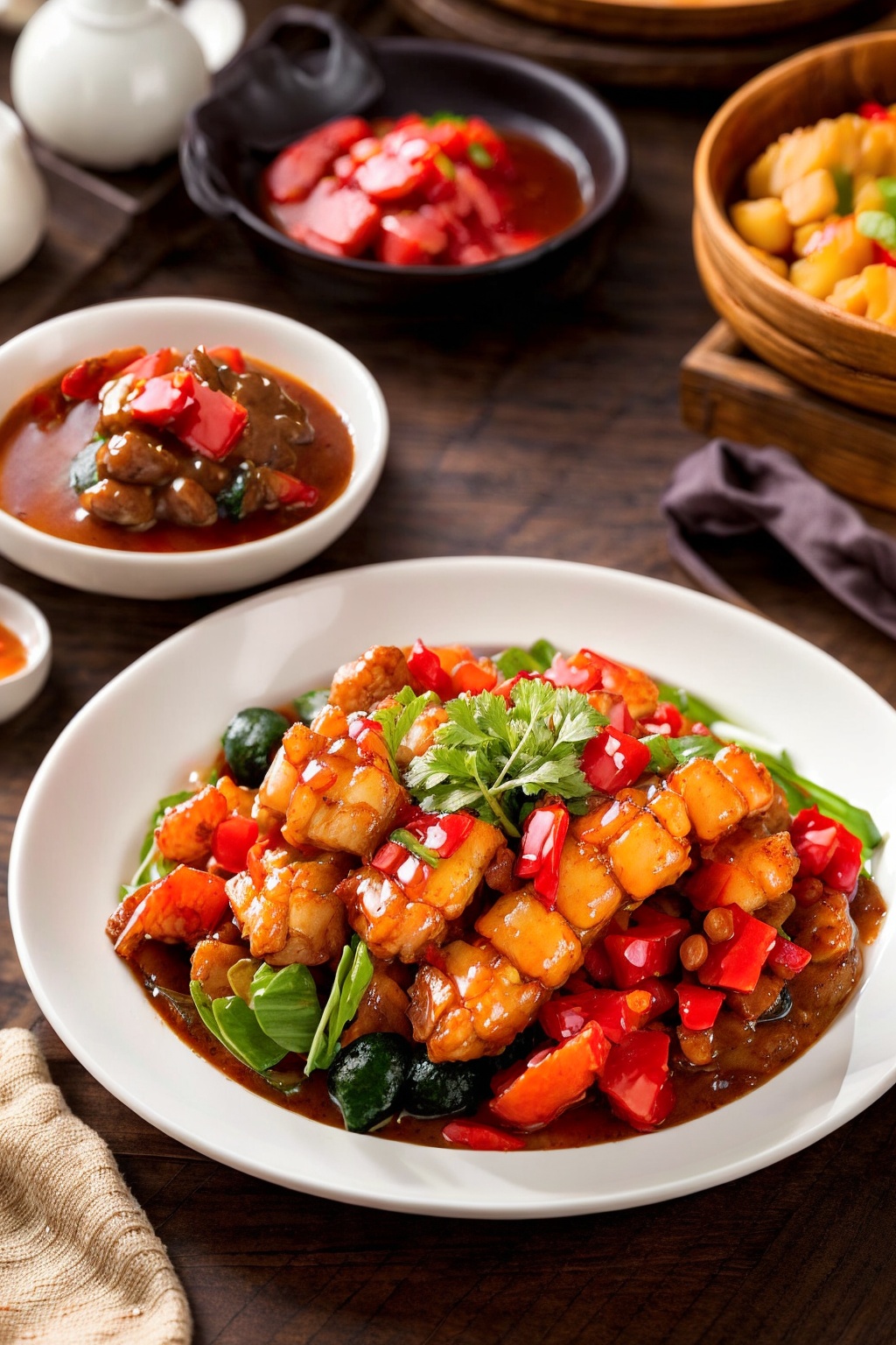 depth of field,chinese food,realistic,food,no humans,plate,bowl,meat,food focus,vegetable,still life,steamed crayfish,