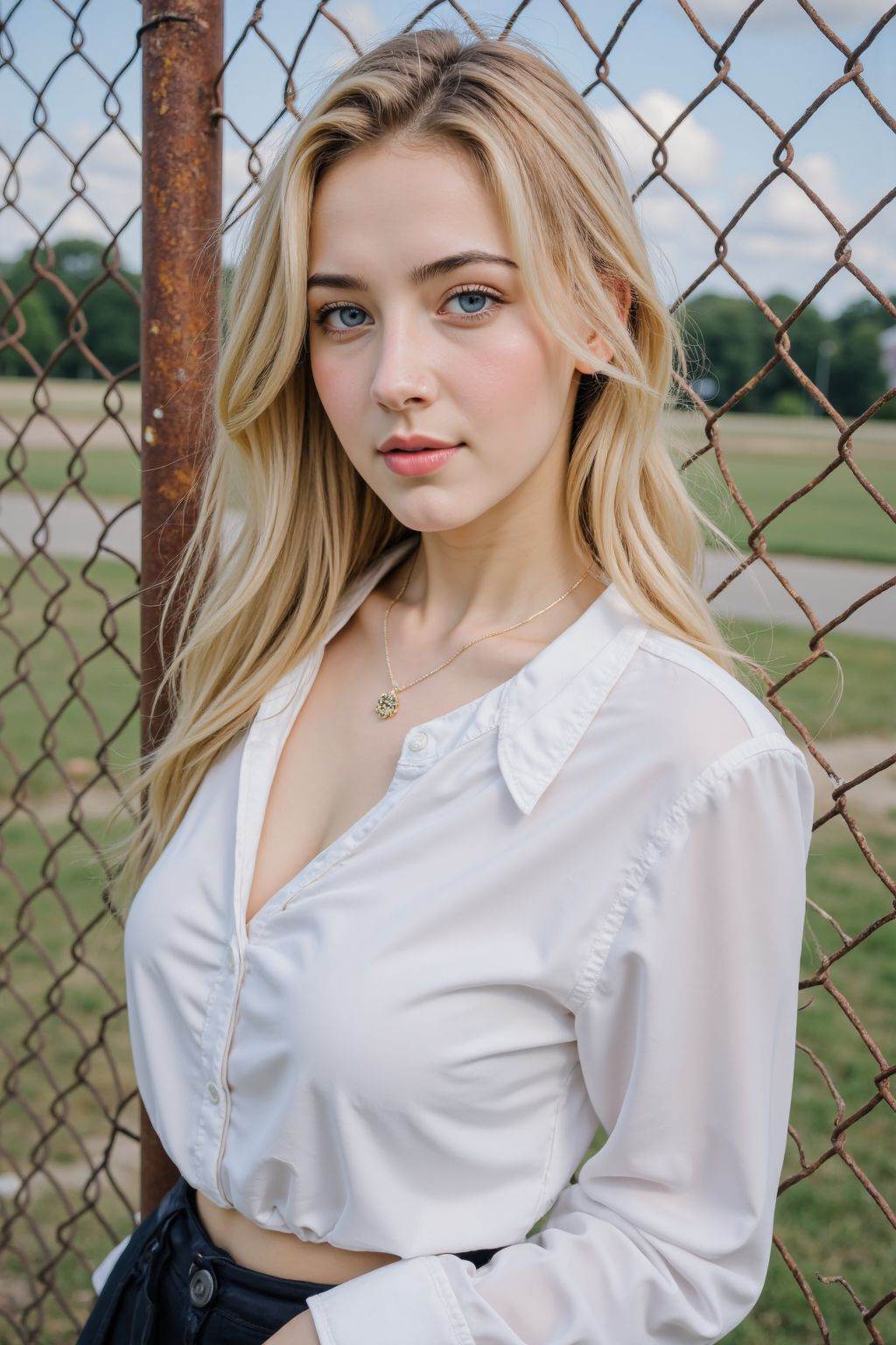 <lora:20250818_AgainGirlF1Lora10:0.8>,Vibrant colors infused with mixed colorism,soft_light_style,In the image,a young woman is the central figure, blonde and blue eyes,standing against a backdrop of a chain link fence. She is dressed in a white blouse,and she is wearing short skirt, large breasts and smile, The fence behind her is rusted,suggesting it has been exposed to the elements for some time. The woman is looking directly at the camera,her expression neutral. The image is taken from a slightly elevated angle,providing a clear view of the woman and the fence.,