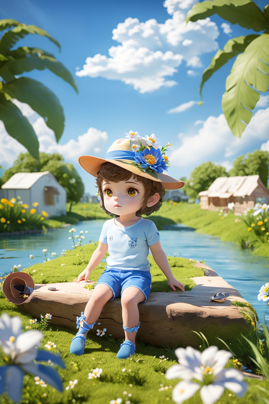 OC rendering,C4D,3D,product photography,still life,1girl,hat,flower,outdoors,sky,day,cloud,blue sky,white flower,scenery,pinwheel,