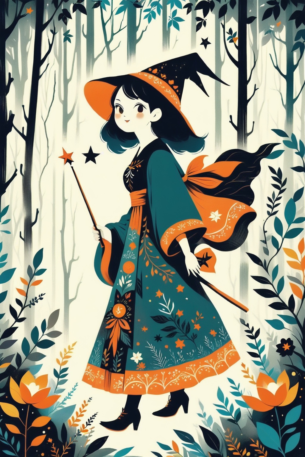 1 witch with a magic wand,in the mysterious forest,<lora:IllustrationCute-0010:1.1>,ctillu,