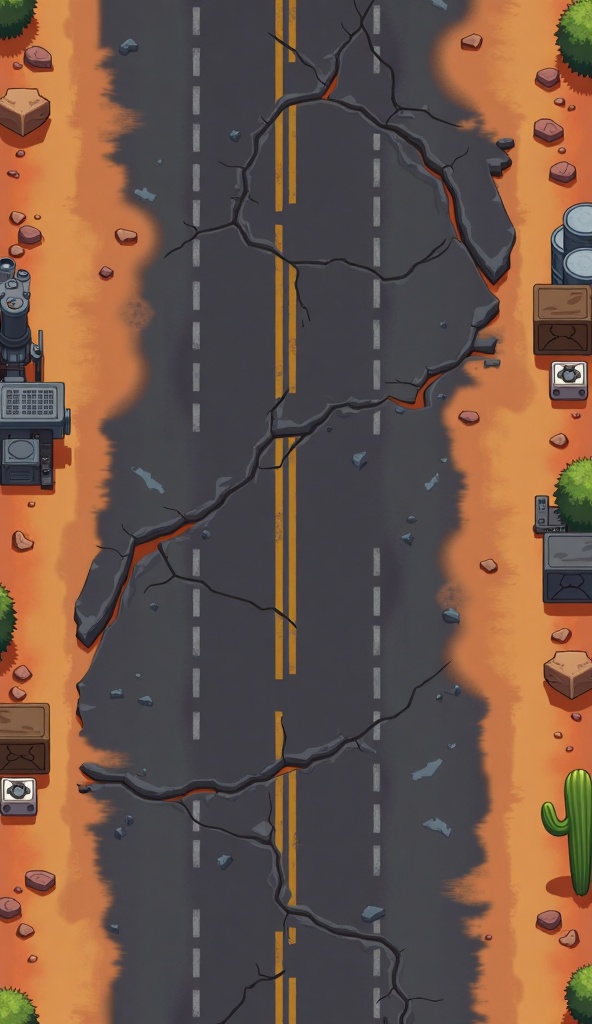 SBCJ2,In the center of the image is a damaged road with cracks and rocks,making it uneven. The road has yellow and white markings. On both sides of the road are orange-yellow sandy areas. On the left side,there is a mechanical device and shrubs,while on the right side,there are objects resembling oil drums,boxes,and cacti. The overall tone is darker,creating a desolate and post-apocalyptic atmosphere.,