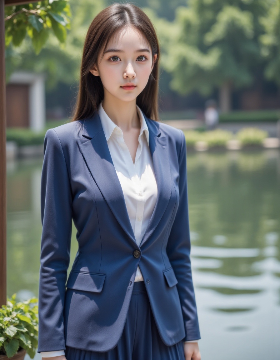 HDR photo of 1girl,solo,realistic,real people,shiny skin,blue clothes,pale skin,suit,skirt,full body,outdoors, <lora:20250110_Again_Girl_F.1_6:1>
