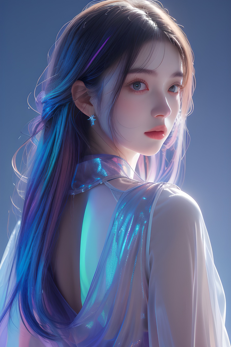 1girl,jewelry, iridescence,  look back, upper body,light pink background, (32k, best quality, highres, masterpiece:1.21), (realistic:1.331), detailed and intricate, (iridescent hair:1), <lora:20240218-1708234260649:0.4>, <lora:幻光琉璃Phantasmal Luminous The Radiance of Rainbow Dispersion:0.6>