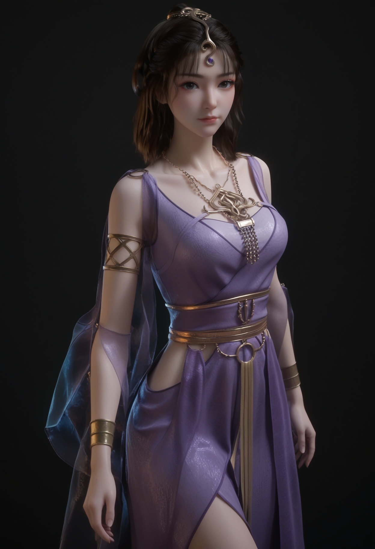 (cowboy shot:1.2),score_9,score_8_up,masterpiece,(best quality),intricate details,facing viewer,(looking at viewer:1.1),<lora:YQ_pony_wensiyue_V4:0.8>,q1528437228,1girl,solo,jewelry,blue dress,dress,purple dress,necklace,brown hair,long hair,black hair,hair ornament,bracelet,armlet,brown eyes,sandals,ponytail,sash,black eyes,blue eyes,BREAKscore_9,score_8_up,masterpiece,(best quality),perfect anatomy,(hourglass),perfect face,(simple background,pure black background,black background:1.1),fair_skin,shiny_skin,Ivory_skin,