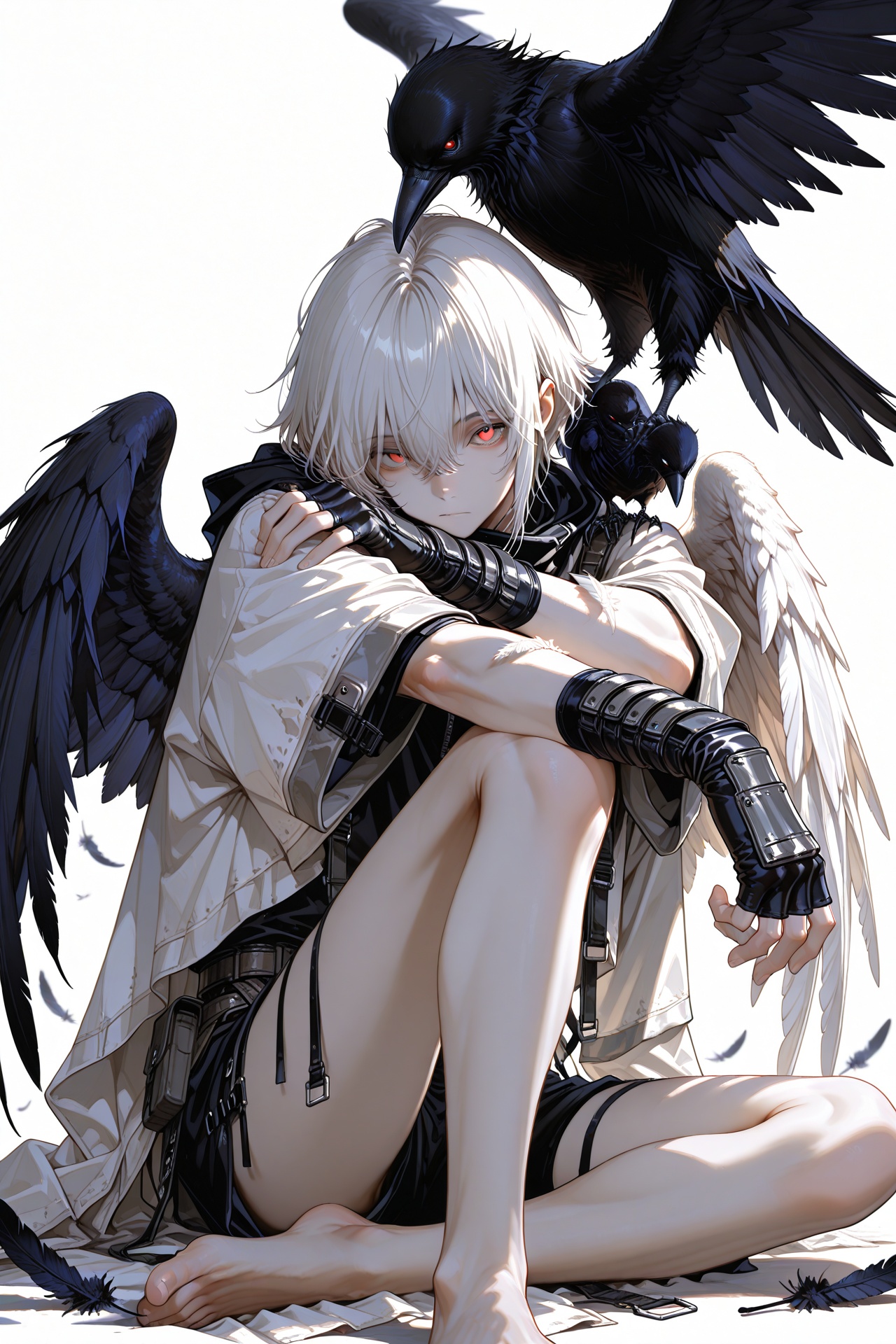1boy,solo,animal,crow,sitting,feathers,white hair,barefoot,bird on arm,gloves,bird,albino,fingerless gloves,animal on arm,black gloves,wing,simple background,angel wings,looking at viewer,feathered wings,white background,masterpiece,best quality,