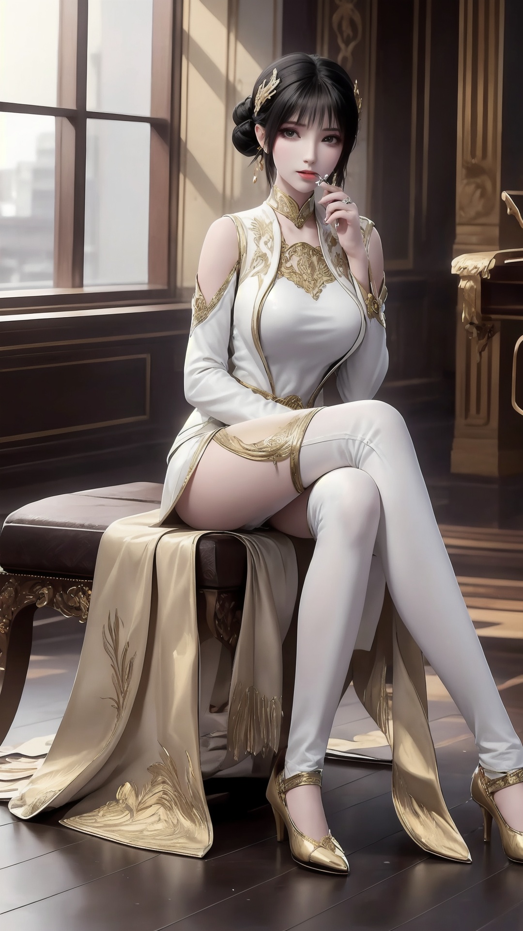 The image is a digital illustration of a young woman sitting on the floor in a luxurious room with ornate decorations. She is wearing a white and gold outfit with a high neckline and long sleeves,and her hair is styled in a sleek updo with gold accents. She has a pair of gold earrings on her head and is holding a cigarette in her hand. The woman is sitting with her legs crossed and her hands resting on her knees. She appears to be deep in thought,with a serious expression on her face. The room has a high ceiling with intricate designs and a chandelier hanging from it. The overall mood of the image is elegant and regal..,<lora:1.5丹晨(1):0.8>,