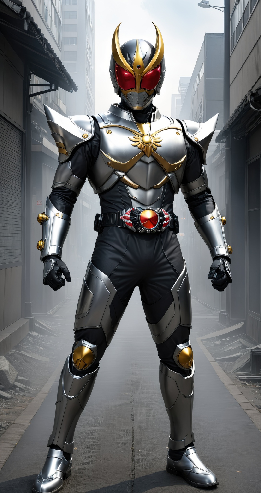 Kamen rider style,  the masquerade guardian of the will of steel,  wearing a steel suit and a mask of perseverance on Tens...