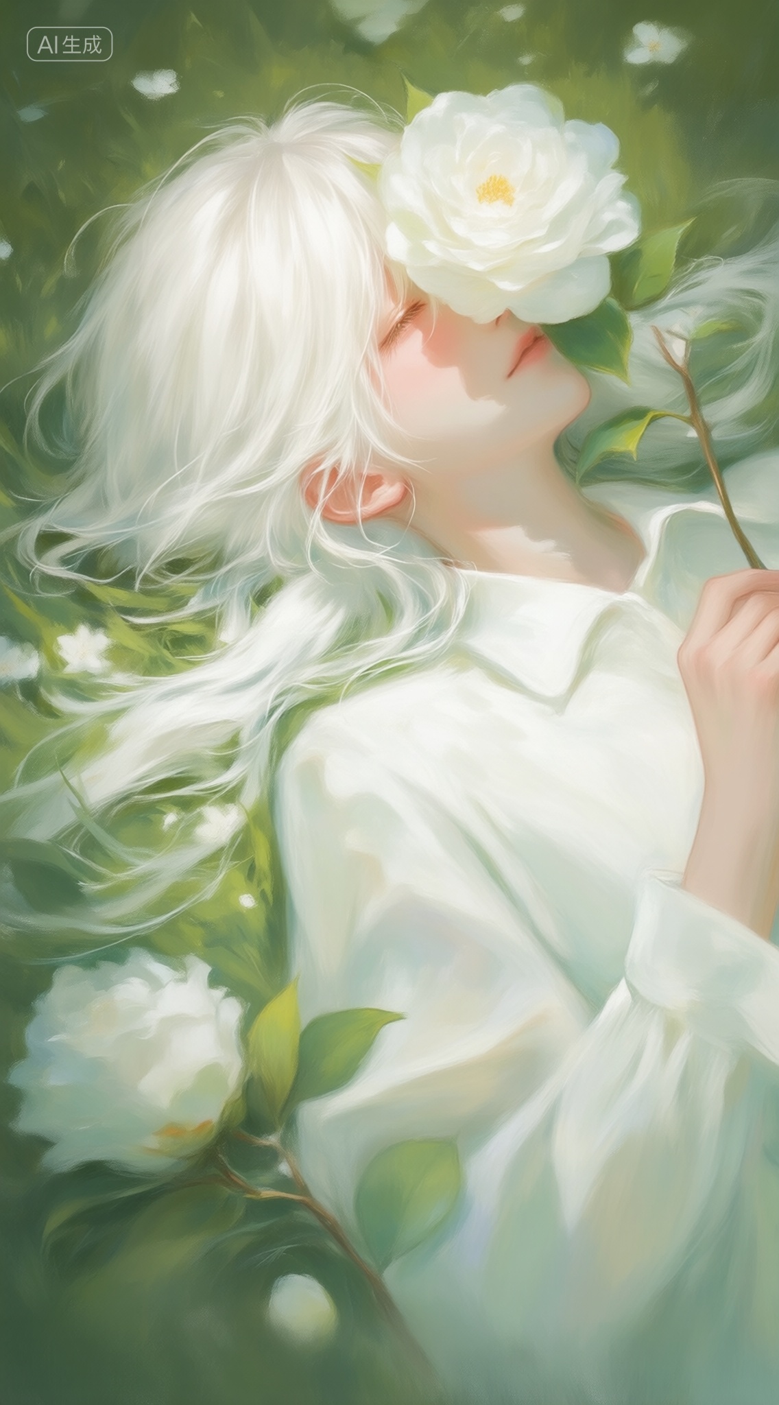 清新感水彩油画,Oil painting,Beautiful digital art illustration,Oil painting style,In the picture,we can see a girl with white hair and long hair,wearing a white wedding dress,lying quietly on the green grass covered with white flowers. The girl's hair was scattered on the grass,a soft contrast against the green background. The camera focuses on the girl's upper body,capturing a moment of serenity and beauty. In the picture,half of the girl's face is covered by a huge white camellia flower,which adds both a romantic atmosphere and a mysterious beauty. The girl had her eyes closed and seemed to be enjoying the silence around her,or lost in her own thoughts. There was a kind of peace and serenity in her face,as if she were in some kind of harmony with the world. The design of the whole scene is very delicate,white shirts,white camellias and the girl's white hair complement each other,, Negative prompt: ng_deepnegative_v1_75t,(badhandv4:1.2),EasyNegative,(worst quality:2),,nsfw, Steps: 30, Sampler: Euler, CFG scale: 4.0, Seed: 2446185390, Size: 1142x2048, Model hash: 9768b098f7, Model: ZOZ_v1.0.safetensors, Denoising strength: 0, RNG: CPU, Lora 1: 梦境涟漪_治愈风插画_Qwen&F.1, Lora Hash 1: d6c2504975, Lora Weight 1: 0.85, vae_name: automatic