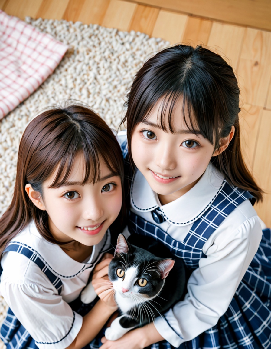 2girl,  two Japanese idol girls holding cat,  friendly on Tensor.Art