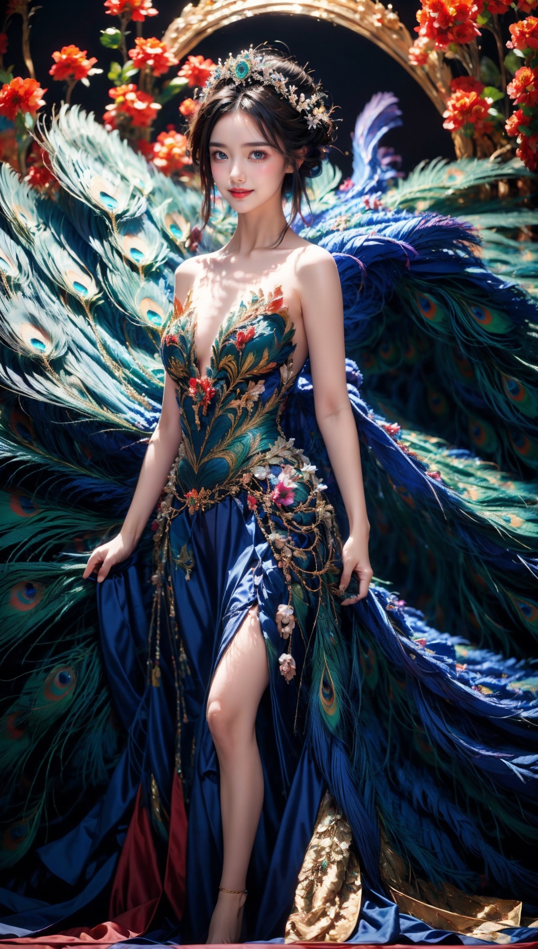 1girl, dress, solo, black hair, bare shoulders, hair ornament, flower background, breasts, hair bun, looking at viewer, strapless, strapless dress, standing, smile, red lips, feathers, peacock feather, flower, collarbone, tiara,<lora:Again_Style:1>