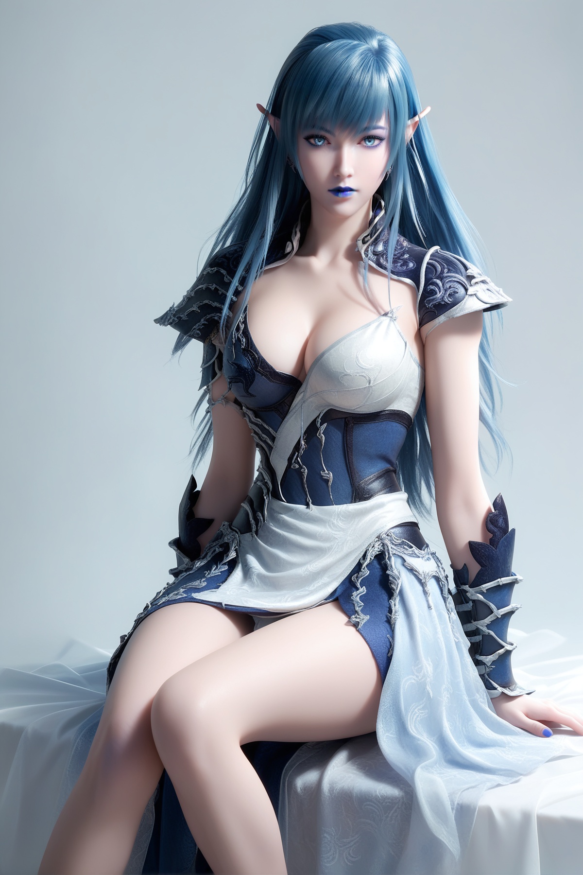 score_9,score_8_up,score_7_up,<lora:wy_suifengqiwu_XL7.0:0.8>,1girl,long hair,breast,medium breast,hair_ornament,dress,thick_thighs,sitting,wetting,dark,simple background,white_background,colored skin,grey_skin,blue eyes,pointy ears,armor,dress,blue nails,cleavage,blue hair,elf,looking at viewer,shoulder armor,