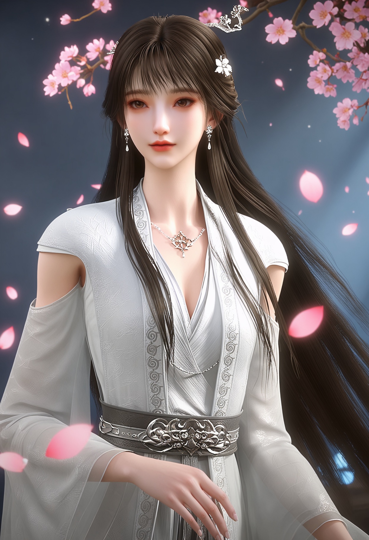 (upper_body:1.2),(looking at viewer:1.1),masterpiece,(best quality),smog,Dark room,dim lighting,peach blossom,falling petals,<lora:YQ_Illustrious光辉v5_雨馨_V1:0.9>,q1528437228,1girl,solo,long hair,earrings,jewelry,brown hair,hair ornament,dress,white dress,black hair,necklace,brown eyes,detached sleeves,chinese clothes,lips,long sleeves,hair bun,hair flower,wide sleeves,sash,boots,