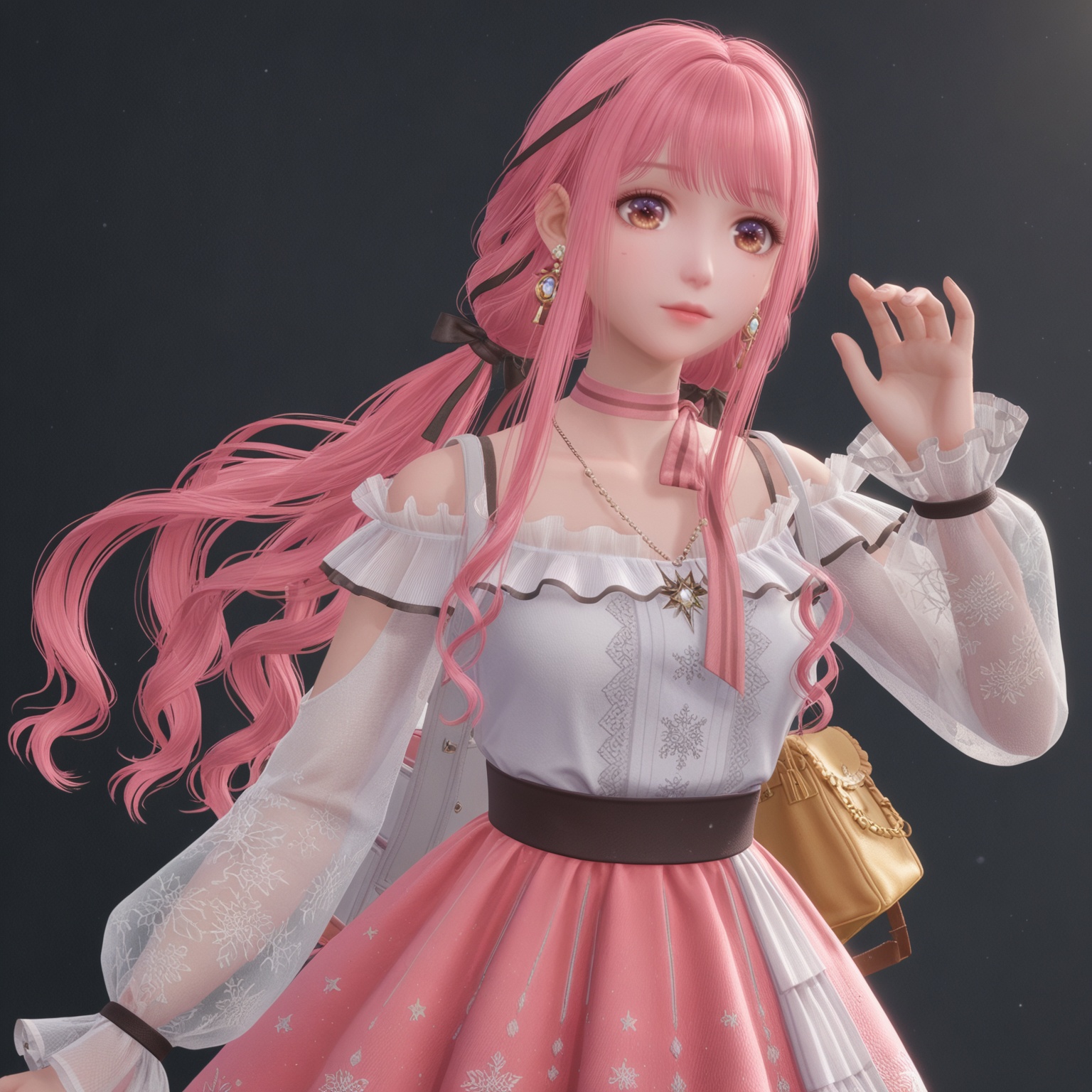 <lora:YQponynuannuanV4:0.8>,q1528437228,solo,1girl,long_hair,pink_hair,dress,ribbon,bangs,long_sleeves,hair_ribbon,pink_skirt,jewelry,twintails,brown_eyes,necklace,skirt,choker,pink_eyes,braid,virtual_youtuber,socks,white_shirt,black_ribbon,sidelocks,shirt,floral_print,pink_footwear,shoes,pink_dress,frills,very_long_hair,white_socks,bow,ponytail,pink_ribbon,bag,hair_ornament,bare_shoulders,low_twintails,earrings,hair_bow,BREAK score_9,upper_body,portrait,shiny_skin,looking at viewer,cinematic lighting,volumetric lighting,solo focus,(huge breasts:0.9),(simple background,pure black background,black background:1.1),