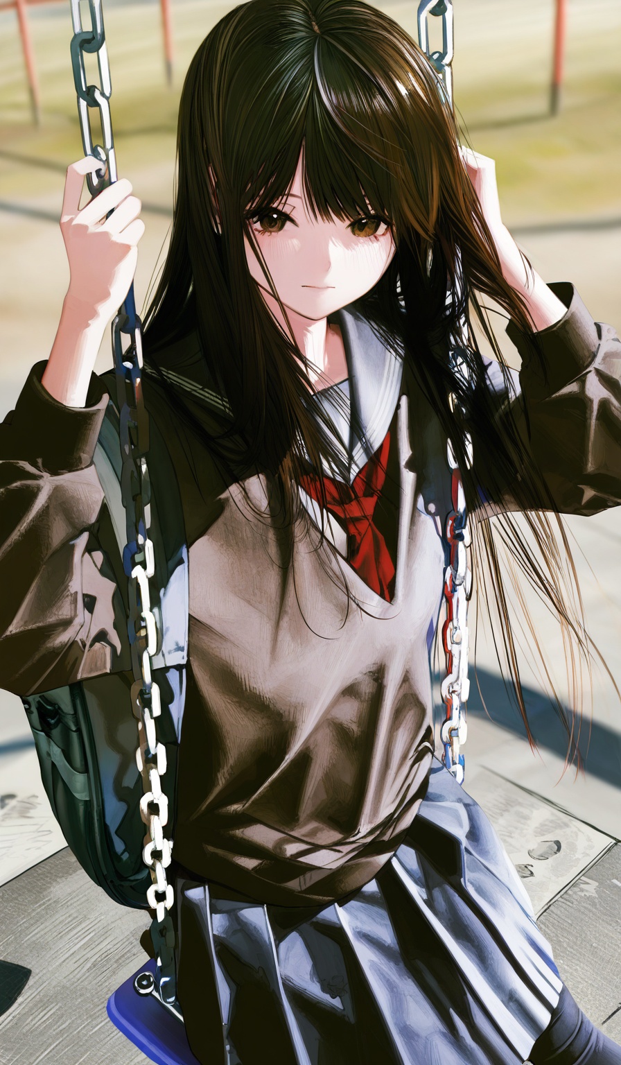 <lora:HonnryouHanaru-Style>,highres,absurdres,newest,very awa,masterpiece,best quality,year 2024,(upper body:1.6),1girl, solo, long hair, skirt, school uniform, swing, pantyhose, black pantyhose, black hair, pleated skirt, looking at viewer, serafuku, sitting, red neckerchief, sailor collar, neckerchief, long sleeves, outdoors, bag, closed mouth, black eyes, shirt, black shirt, black skirt, black serafuku, feet out of frame