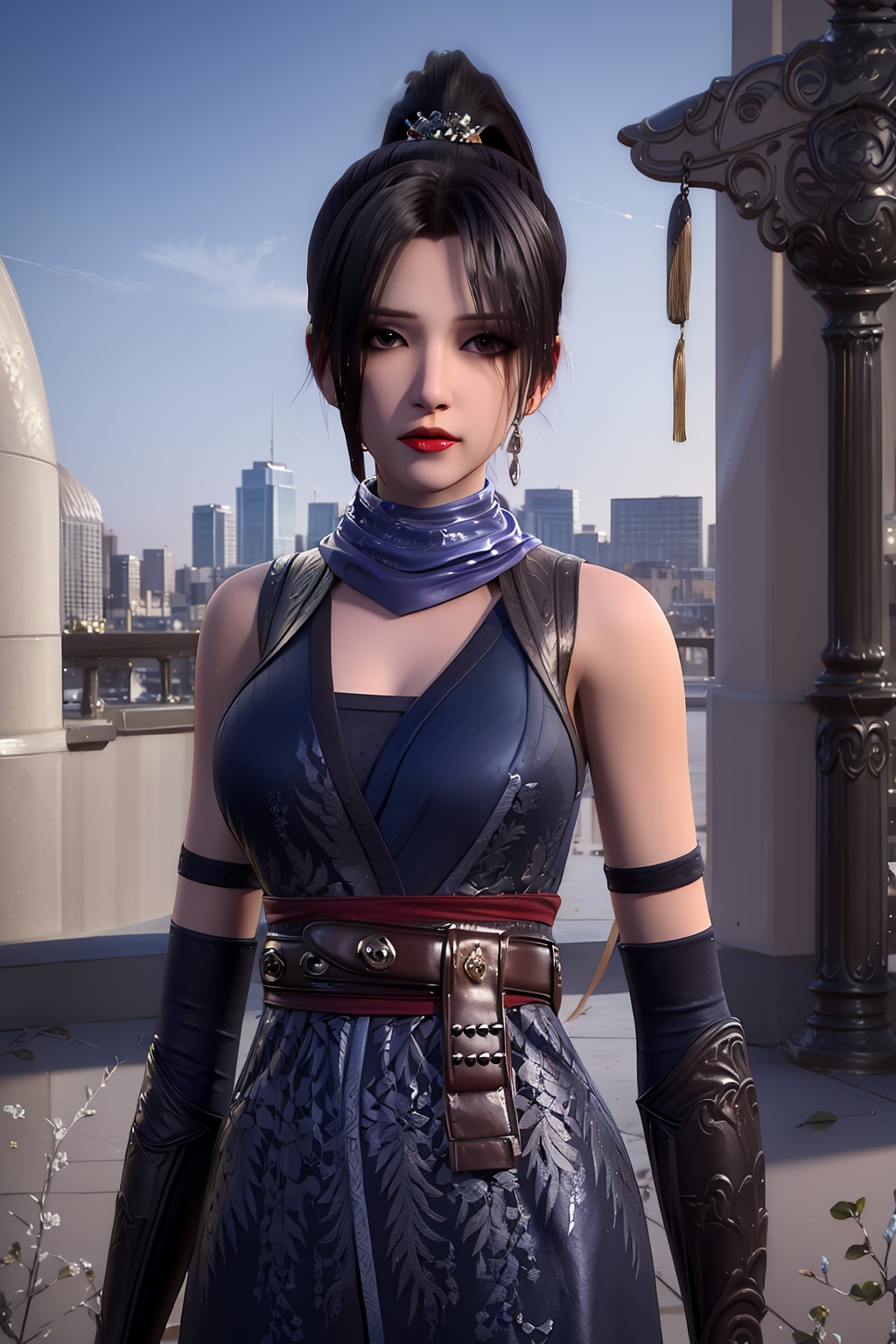 3D,masterpiece,(best quality),(makeup),official art, extremely detailed cg 8k wallpaper,((crystalstexture skin)), (extremely delicate and beautiful),(highly detailed),(face),(ponytail),(scarf),(1girl), (solo), (jewelry), (earrings),(black_hair),(long_hair),(hair_ornament),(handwear),(breasts),((upper_body)),(closed_mouth),(off-shoulder_dress),(chinese_clothes),(shiny_clothes),(city,outdoor),,((looking_at_viewer)),((Facing the camera)),, <lora:hipoly3DModelLora_v10:0.3>