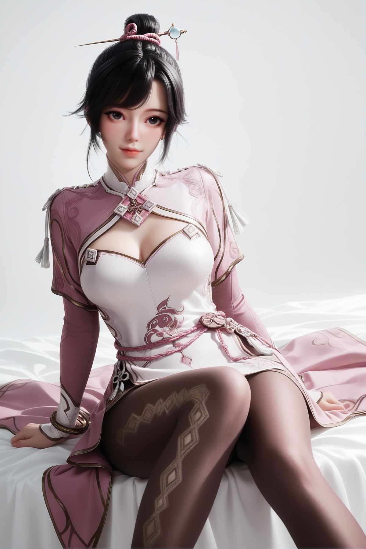 masterpiece,best quality,realistic,cinematic,detail eyes,(ultra-detailed),perfect composition,intricate details,absurdres,detailed face,high quality,high res,8K,<lora:X_nanqiuqiu_f_IL3.0:0.8>,black hair,black eyes,short hair,single hair ring,1girl,breast,medium breast,hair_ornament,dress,sitting,pantyhose,simple background,bed,white_background,