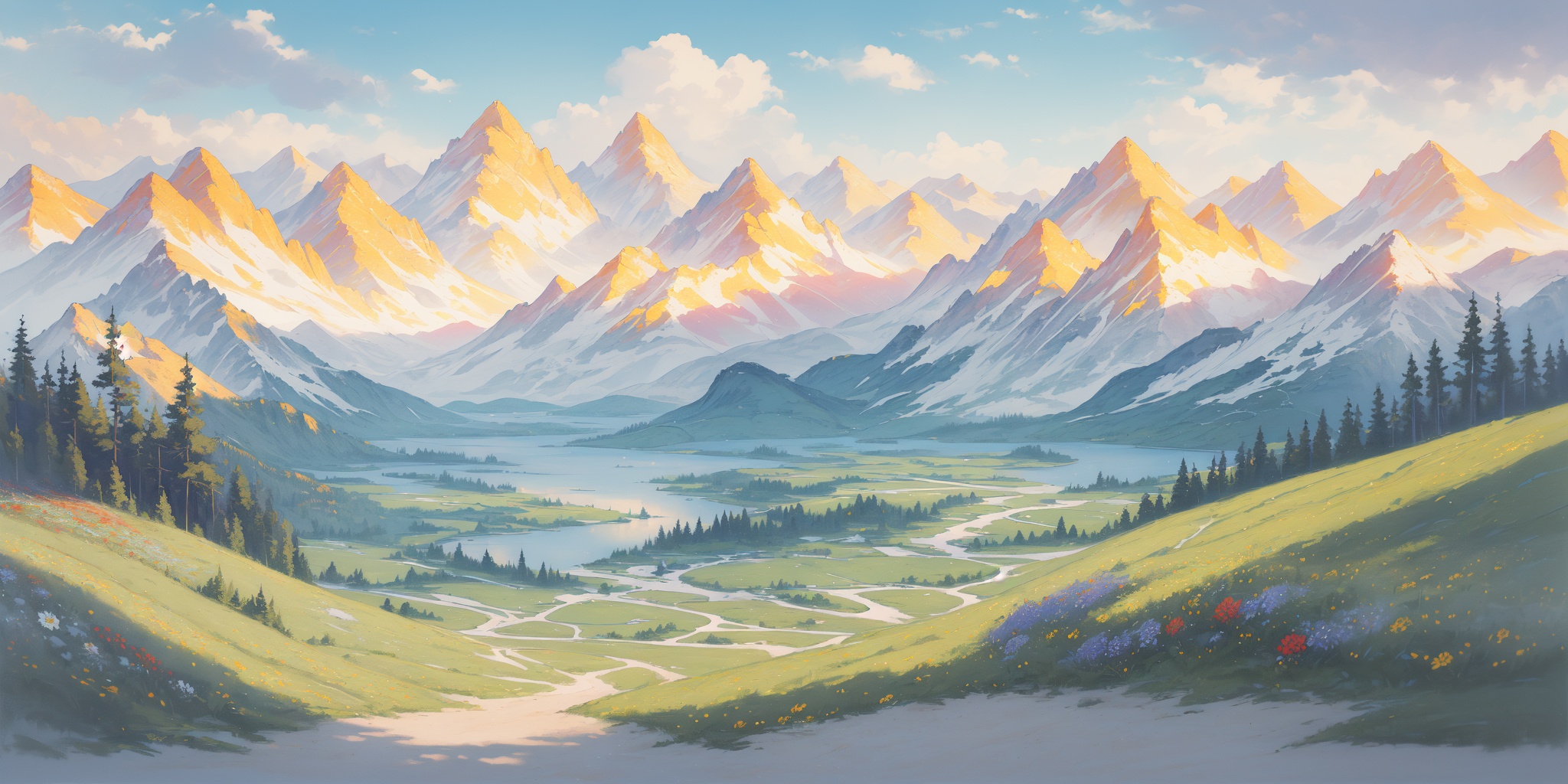scenery,outdoors,beautiful detailed sky,beautiful detailed glow,best shadow,panorama,(Pass, Snow, Alps, Mountains, Peaks, Cold, Adventure, Serenity:1.3),(River canyon, Twilight, Hiking trail, Evening colors, Nature sounds, Solitude:1.2),(Cottage garden flowers, Rain-soaked petals, Garden path, Raindrops, Summer shower, English countryside:1.1),(masterpiece, best quality, beautiful and aesthetic:1.3),extremely detailed CG,ultra-detailed,beautiful concept illustration,illustration,extremely fine and beautiful,perfect details,<lora:YOUHUA:1>,oil painting \(medium\),