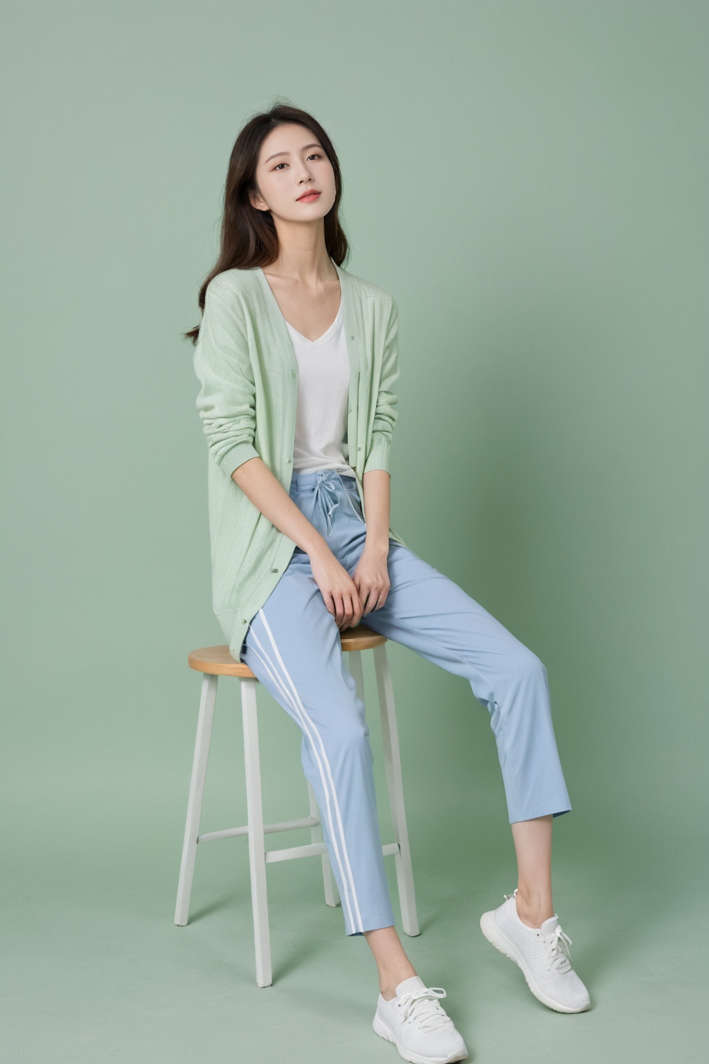 Asian female relax,  Thin cardigan sweater,  Capris on Tensor.Art