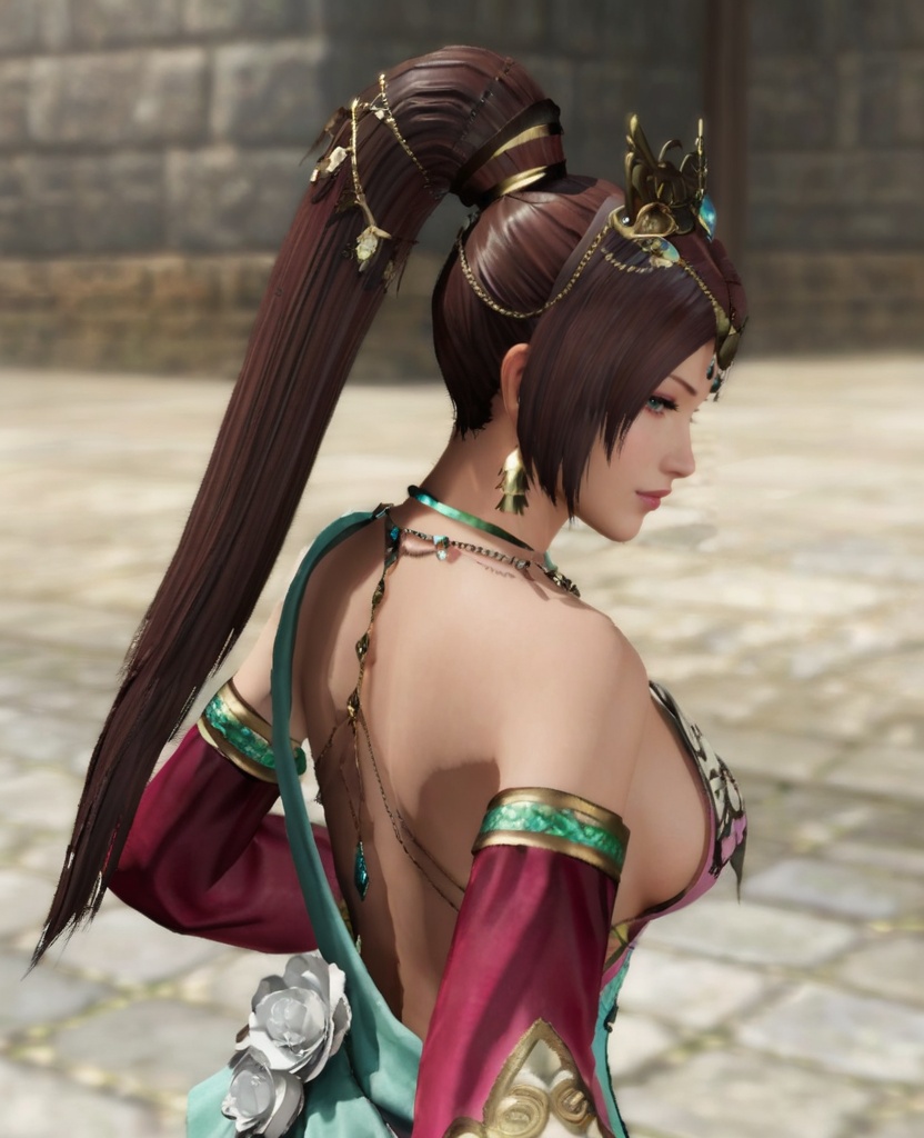 1girl, solo, jewelry, earrings, ponytail, detached sleeves, bare shoulders, dress, hair ornament, upper body, necklace, sideboob, high ponytail, backless outfit, bare back, back, from side, outdoors, backless dress, from behind, looking back, looking at viewer, lips, tiara, <lora:diaochan_7:0.7>