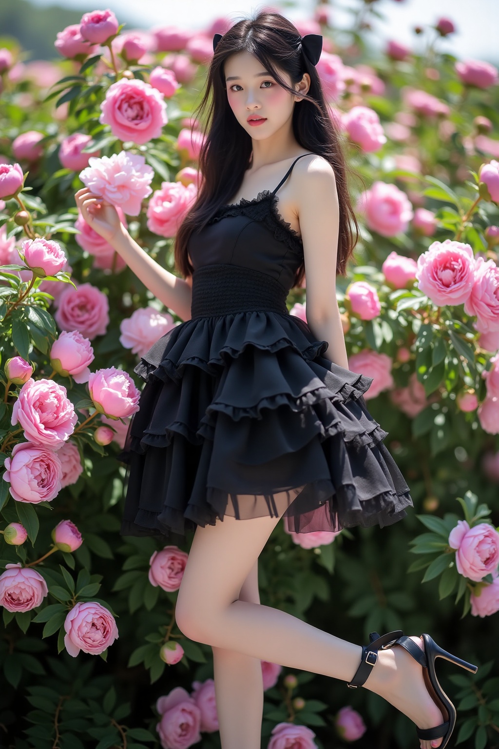 Lolita,This is a high-resolution photo of a young woman standing among peony flowers. The woman has East Asian heritage and straight black hair that reaches her waist. She wears a black bow on the left side. Her attire includes a black sleeveless bodice that accentuates her slender figure and a multi-layered black chiffon skirt giving an ethereal,fluffy appearance. Her legs are long and slim,and she wears black stiletto sandals with thin straps,adding a soft and delicate touch to her bold and avant-garde outfit.,
