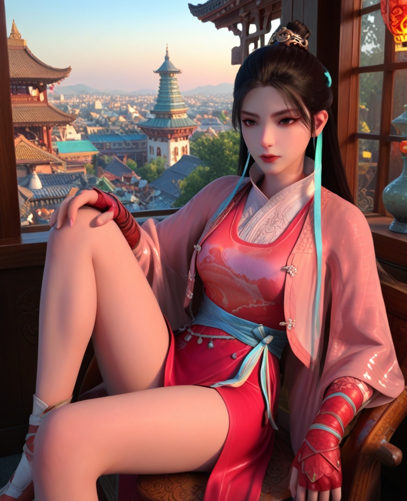 (oriental architecture, elegant decor, sophisticated style:1.1),(Sitting on a window sill, legs stretched out, gazing outside,:1.1),(breasts:1.2),<lora:XL少年歌行尹落霞:0.95>,miss yinluoxia,pink chiffon outerwea with red dress underneath,black hair,long hair,azure hair ribbon,white lingerie collar,brown eyes,hair ornament,blue waist tie,eyeshadow,lips,fingerless gloves,, score_9,score_8_up,score_7_up,score_6_up,score_5_up,score_4_up,3d rendering,tag1,tag2, Cinematic Lighting,backlighting,