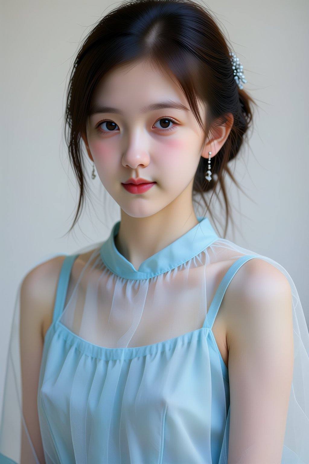 The image depicts a realistic digital portrait of an East Asian woman with fair skin and black hair styled in a simple,  c...