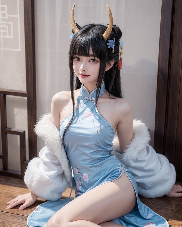 qipao,horns,1girl,dress,black hair,blue dress,chinese clothes,solo,sitting,hair ornament,oni horns,china dress,looking at viewer,purple eyes,long hair,cosplay,bare shoulders,smile,blunt bangs,bangs,indoors,side slit,official alternate costume,fur trim,hair bun,realistic ,<lora:qipao_20231203121722:0.5>,