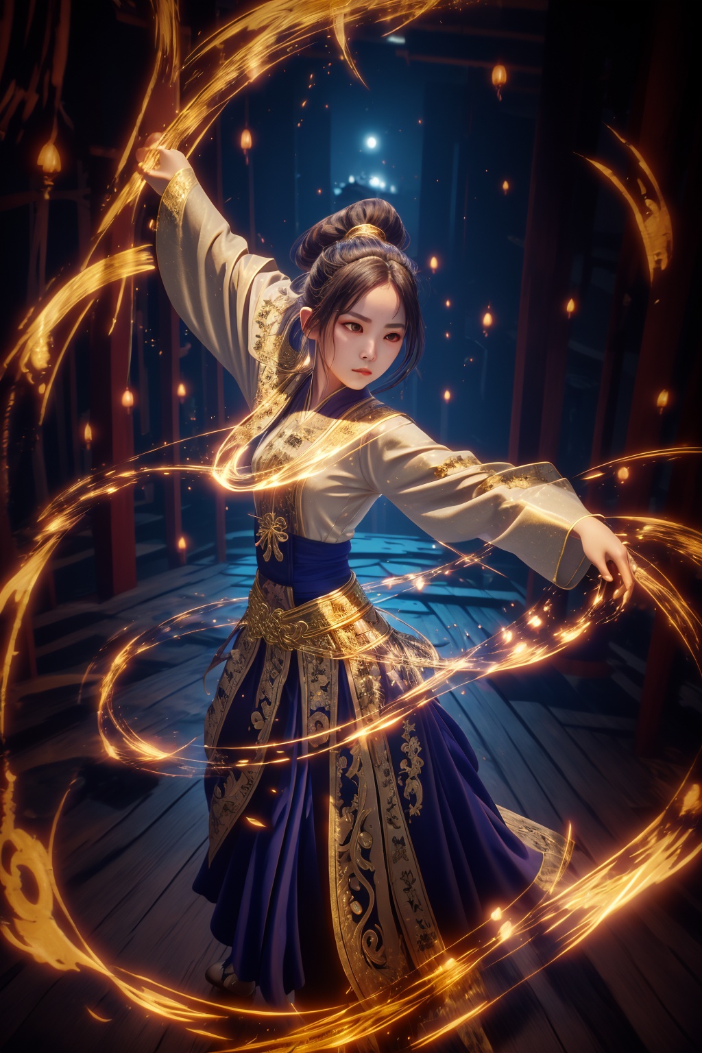 golden-aura,using golden-magic,golden-magic,ancient-costume,dancing,fighting stance,1girl,solo,<lora:magic_fighting_golden_512_15:0.8>,