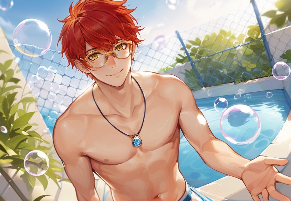 (best quality), ((masterpiece)), (highres), illustration, original, extremely detailed,  <lora:ACG ART_Vl:0.7>1boy, male focus, necklace, solo, jewelry, smile, looking at viewer, red hair, bubble, navel, glasses, short hair, yellow eyes, closed mouth, outdoors, topless male, fence