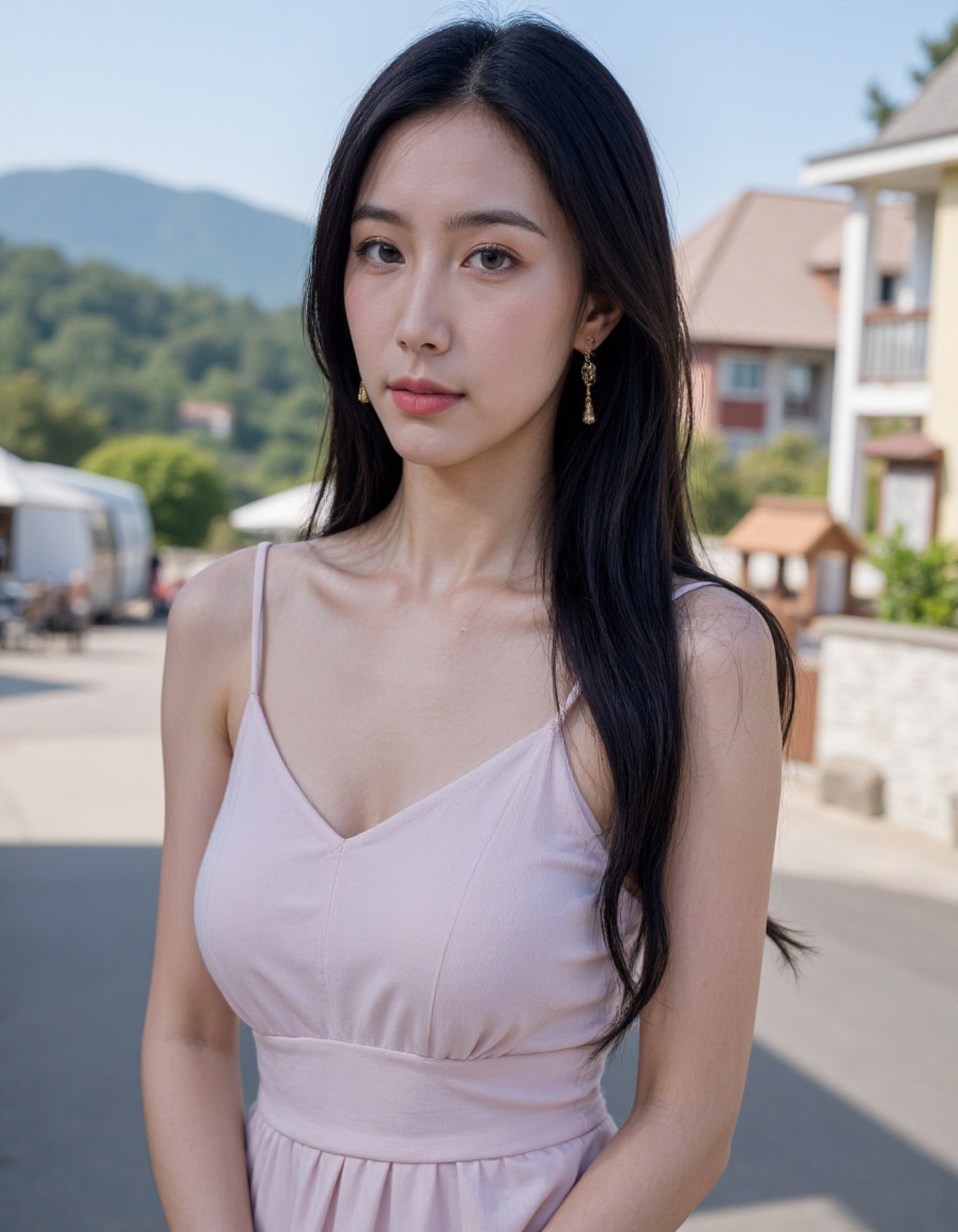 realistic, photorealistic, upper body, 1girl, solo, black hair, long hair, dress, jewelry, earrings,  looking at viewer, outdoors,