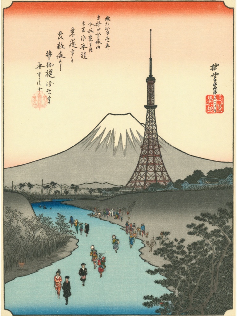 Xgechuanguangchong, Ukiyo-e style, Mount Fuji in the distance behind Tokyo Tower, simplified silhouettes of tourists in foreground, bokashi gradient sky, bird’s-eye perspective