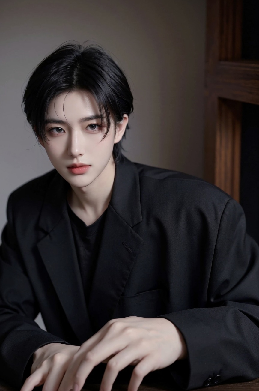 solo, male focus, 1boy, realistic, looking at viewer, upper body, black hair, labcoat,lips, closed mouth, black eyes,<lora:YG男神:0.75>,