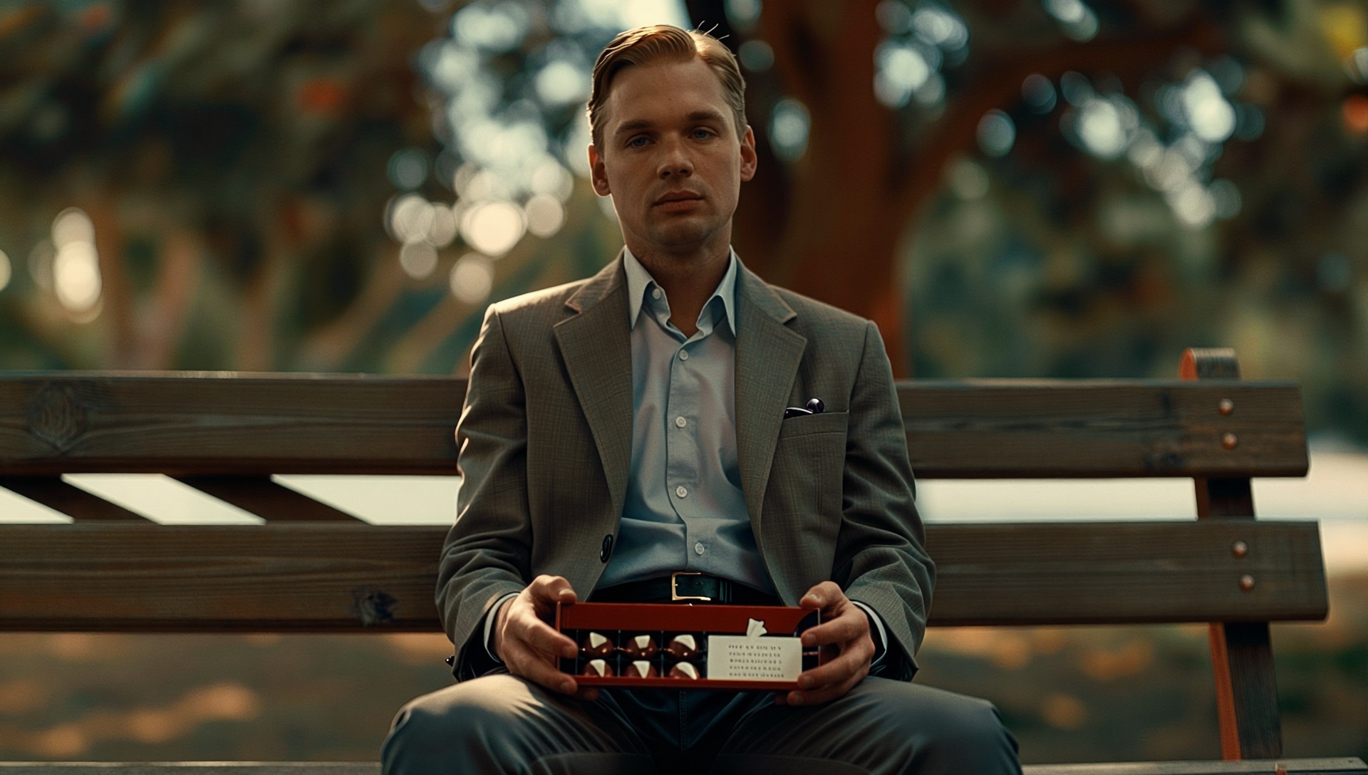 Forrest Gump sitting on a park bench,  box of chocolates in his lap,  sunlight filtering through trees on Tensor.Art