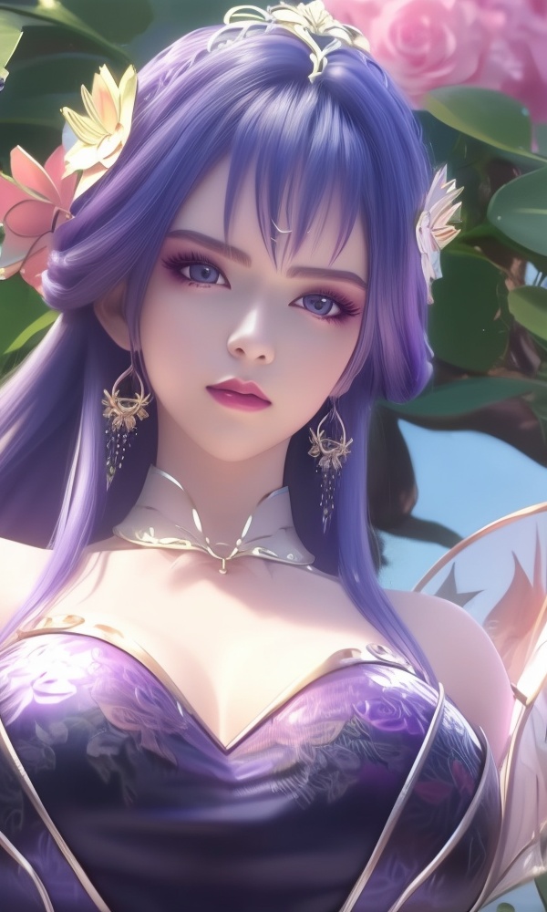 (,1girl, ,best quality, ),looking at viewer, <lora:388-DA-百炼成神-天穹-云洛-黑化:0.8> ,ultra detailed 8k cg,ultra detailed background,ultra realistic 8k cg,1girl, solo,(bare shoulders:0.85),(masterpiece, best quality),((oil painting style)),sexy young lady,(beautiful face and eyes),(upper body:1.5),(whole body:1.05),(single person:1.2),surrounded by flowers, (lily), roses, floret, vegetation, white, purple, purplish pink,Impressionism,colorful,(Breast size:1.3),(()), 1girl, purple_hair, solo, breasts, earrings, jewelry, hair_ornament, long_hair, , cleavage,  large breasts, lips, looking_at_viewer, makeup,full body, 