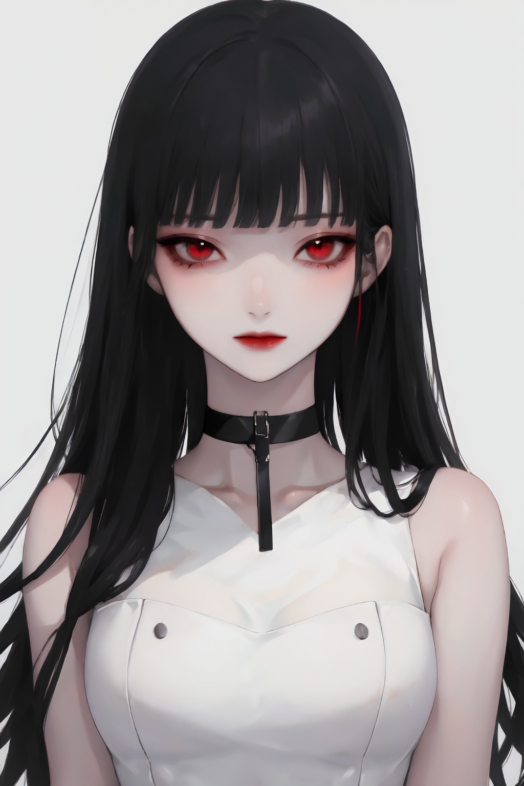 1girl, solo, long hair, red eyes, black hair, red nails, white background, looking at viewer, upper body, bangs, simple background, nail polish, white choker, choker, sleeveless, breasts, closed mouth, red lips, blunt bangs, bare shoulders, dress, white dress, ct-style, beautiful eyes