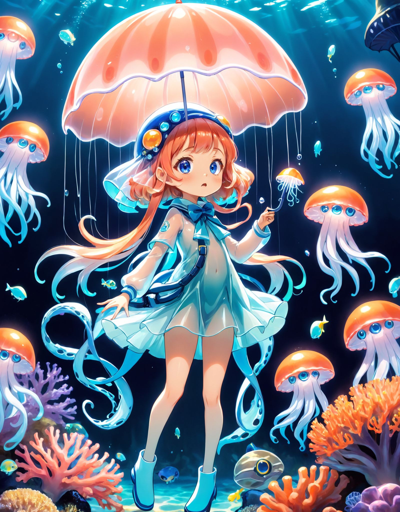 An illustration of a squid girl dressed up as a jellyfish,  with glowing tentacles and a transparent umbrella-like body. S...