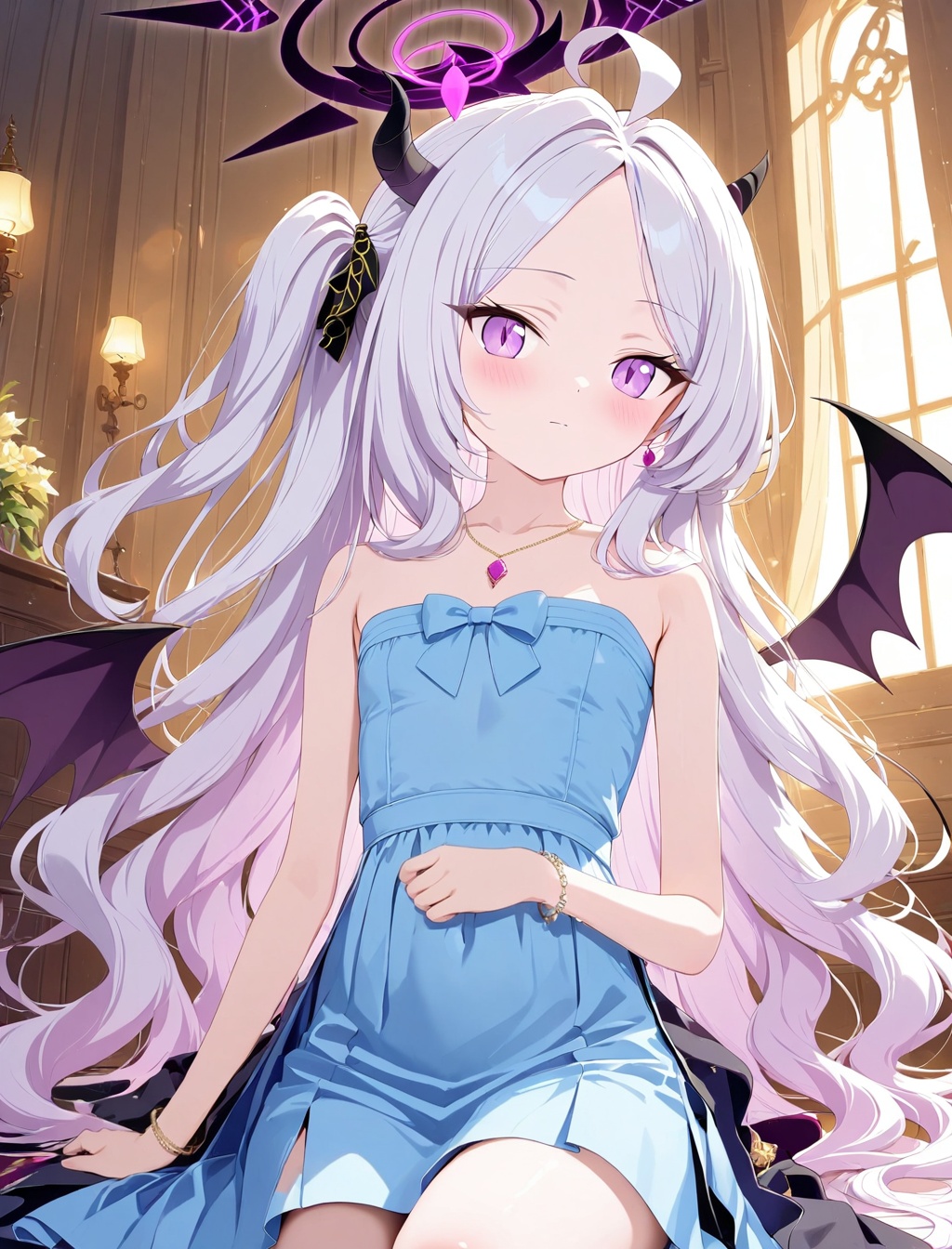 O,1girl,dress,hina (blue archive),solo,long hair,jewelry,halo,white hair,horns,purple eyes,blue dress,looking at viewer,bare shoulders,ahoge,very long hair,bangs,earrings,parted bangs,necklace,indoors,strapless dress,blush,closed mouth,bracelet,strapless,wings,demon horns,multiple horns,