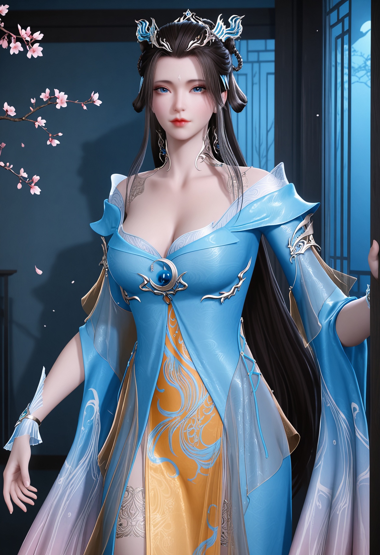 (cowboy shot:1.2),(gigantic breasts:0.7),(looking at viewer:1.1),facing viewer,direct gaze,(masterpiece:1.1),(best quality:1.2),(intricate details),(smog:1.3),(Dark room:1.3),(dim lighting:1.3),peach blossom,falling petals,<lora:YQ_Illustrious光辉v5_侯烟岚_V1:0.8>,1girl,q1528437228,solo,long hair,hair ornament,dress,black hair,jewelry,blue eyes,hair rings,hair bun,earrings,forehead mark,brown hair,bracelet,masterpiece,(best quality),(intricate details:0.9) BREAK (intricate details:0.9),(realistic skin:1.2),masterpiece,best quality,newest,absurdres,hiahres,