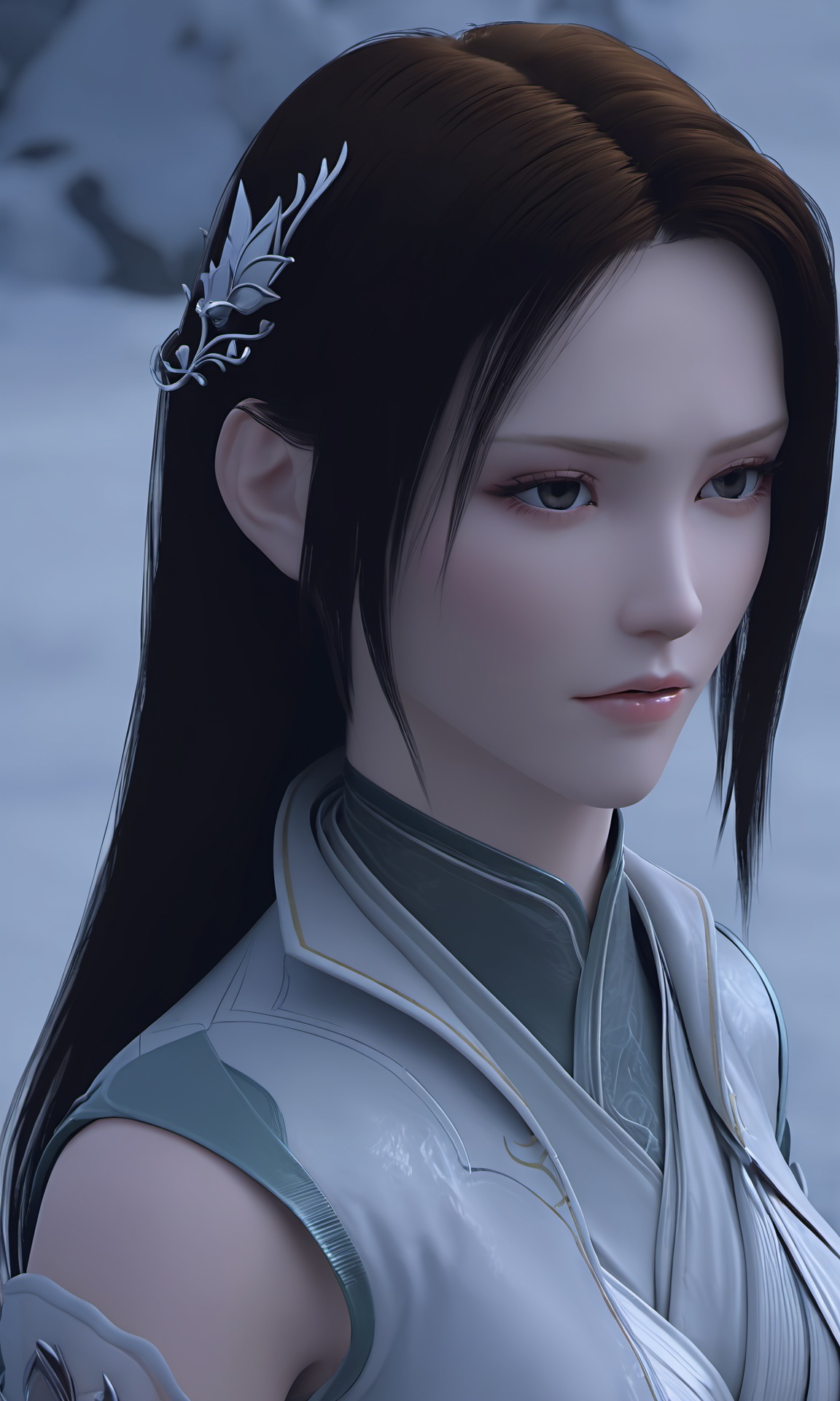 Nora,close-up of Nora with long black hair  and silver hair accessories,<lora:DPCQ-new Nora:0.9>,