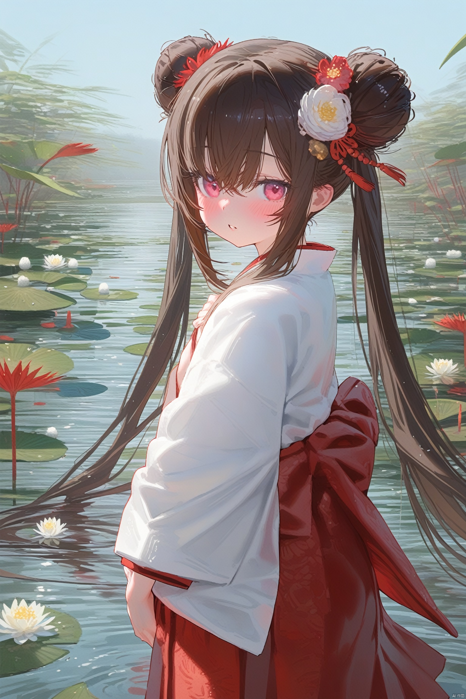 1girl, solo, long hair, looking at viewer, blush, bangs, skirt, brown hair, black hair, hair ornament, red eyes, long sleeves, hair between eyes, twintails, very long hair, white shirt, flower, sidelocks, outdoors, parted lips, japanese clothes, day, hair flower, pink eyes, water, hair bun, from side, looking to the side, double bun, red skirt, leaf, white flower, lily pad