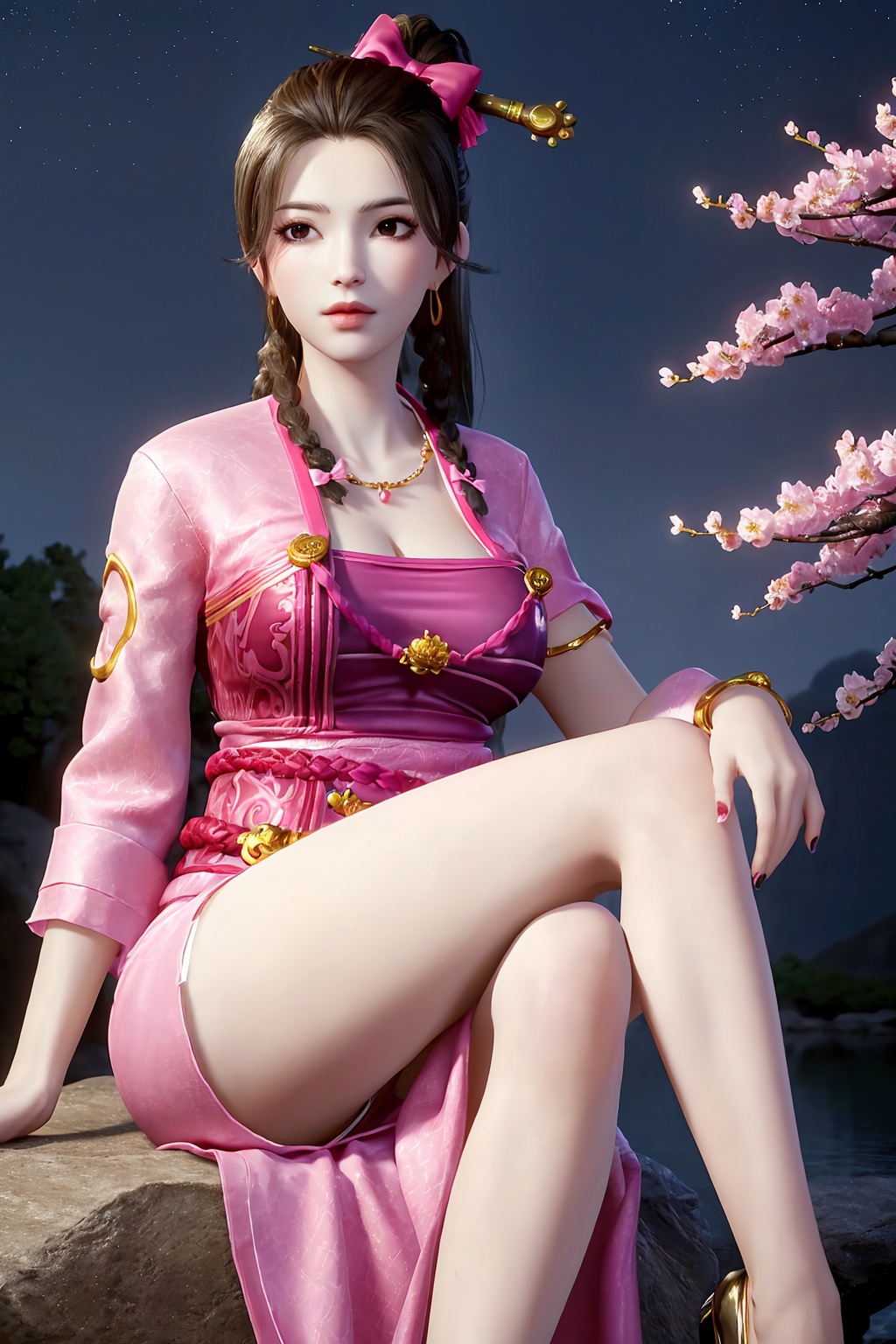 sitting, (crossed_legs), dress, chinese_clothes, long_sleeves, looking_at_viewer, (best_quality), (highly_detailed), (masterpiece), (ultra-detailed), illustration,(incredibly_absurdres), (extremely_detailed_CG_unity_8k_wallpaper), (8k_wallpaper),(realistic:1.2), (photorealistic:1.3),(scenery, waterfall, (cherry_blossoms), (milfeulle_sakuraba), (petals, falling_petals), full_moon, moon, night, moonlight, night_sky, sky, petals, water, stone),1girl,solo, black_hair, long_hair, hair_ornament, braid, jewelry, earrings, makeup, cleavage, white_legwear, fingernails,nail_polish, photo_\(medium\),(crystal_texture_skin:1.3), (shiny_skin:1.4),(an_extremely_delicate_and_beautiful),<lora:syqiangk_加强_独孤X艺_C9_5.2:0.8>,